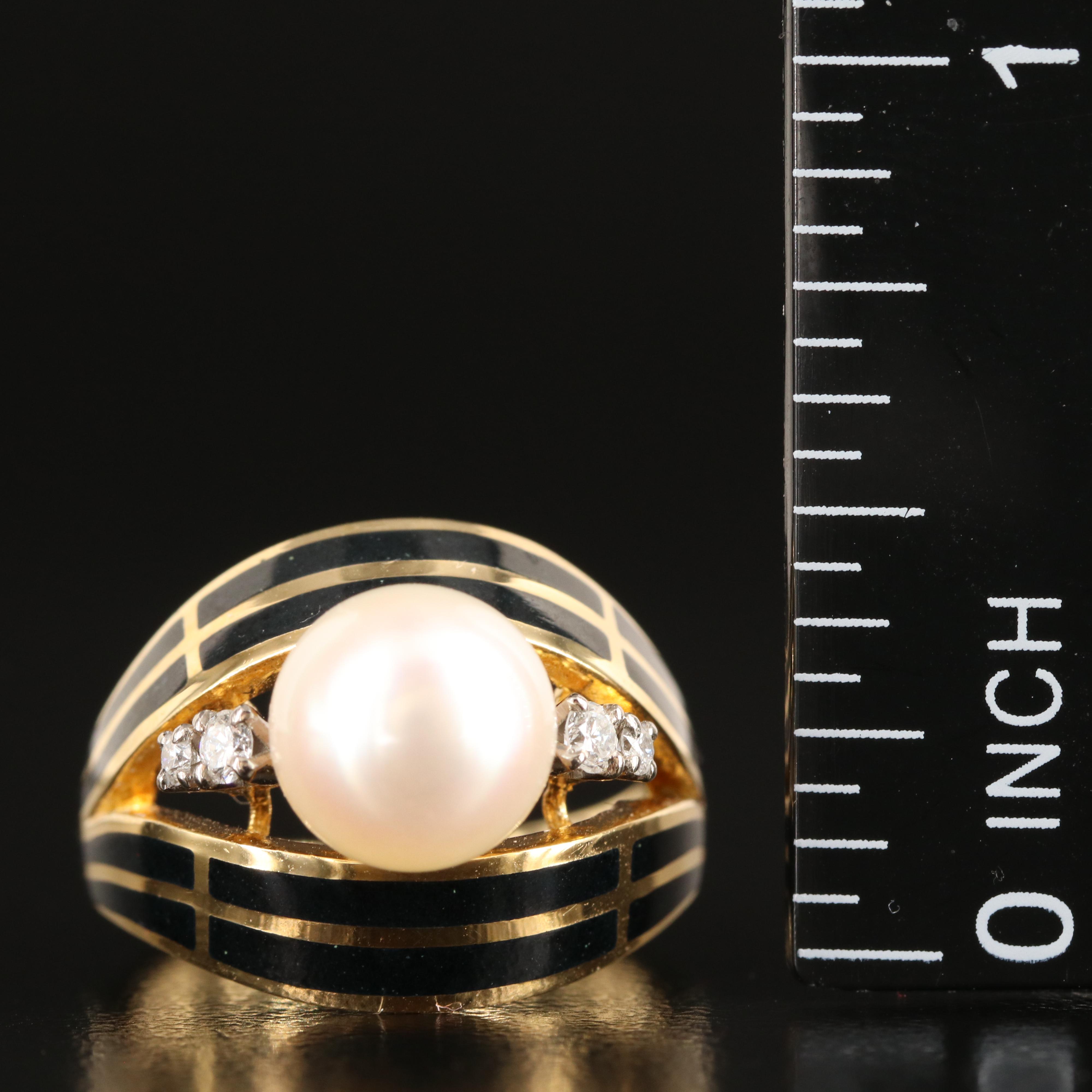 Mikimoto 18K Pearl, Diamond and Enamel Ring
