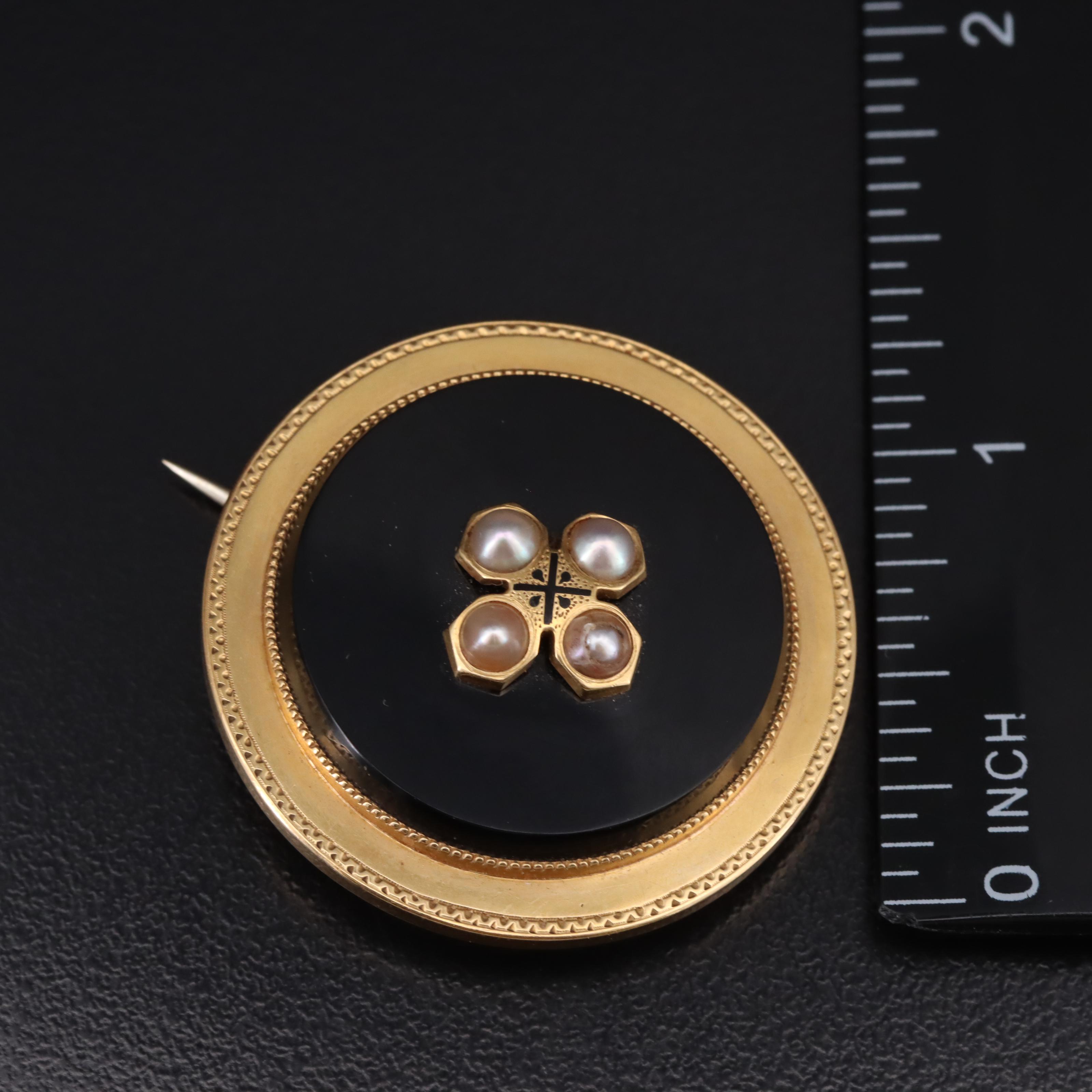 Victorian 18K Black Onyx and Pearl Mourning Brooch with Watch Hook