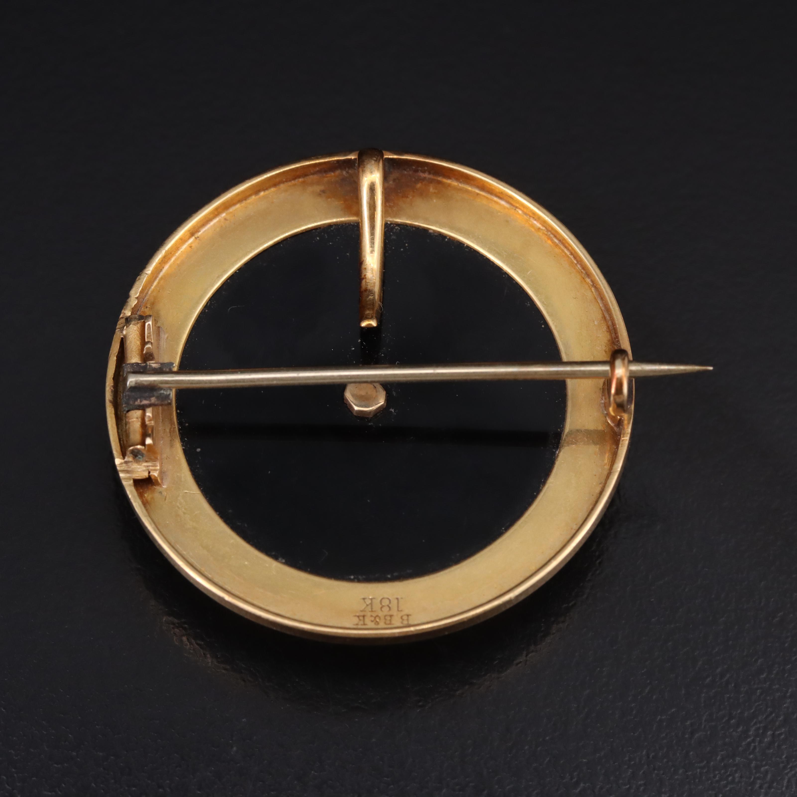 Victorian 18K Black Onyx and Pearl Mourning Brooch with Watch Hook