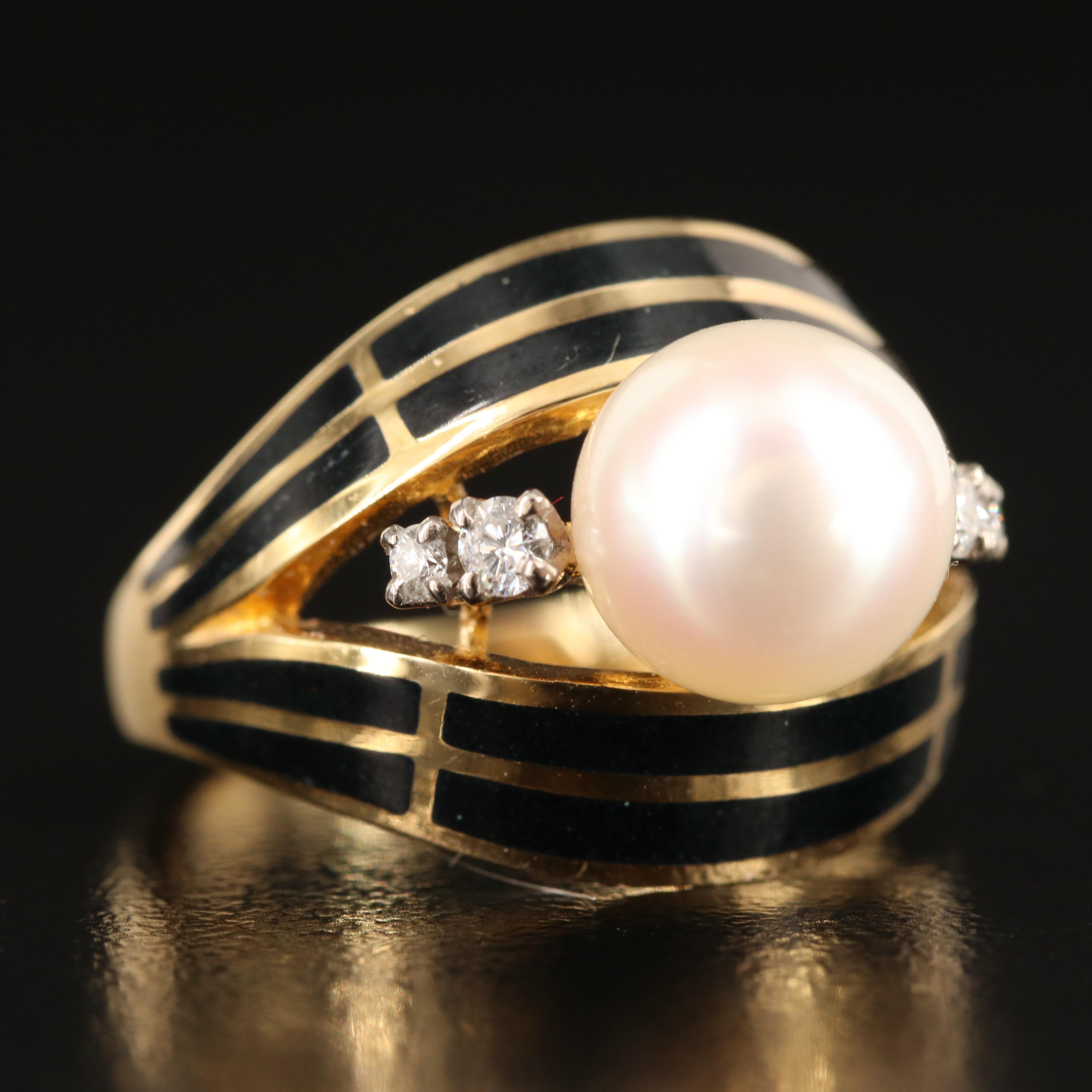 Mikimoto 18K Pearl, Diamond and Enamel Ring