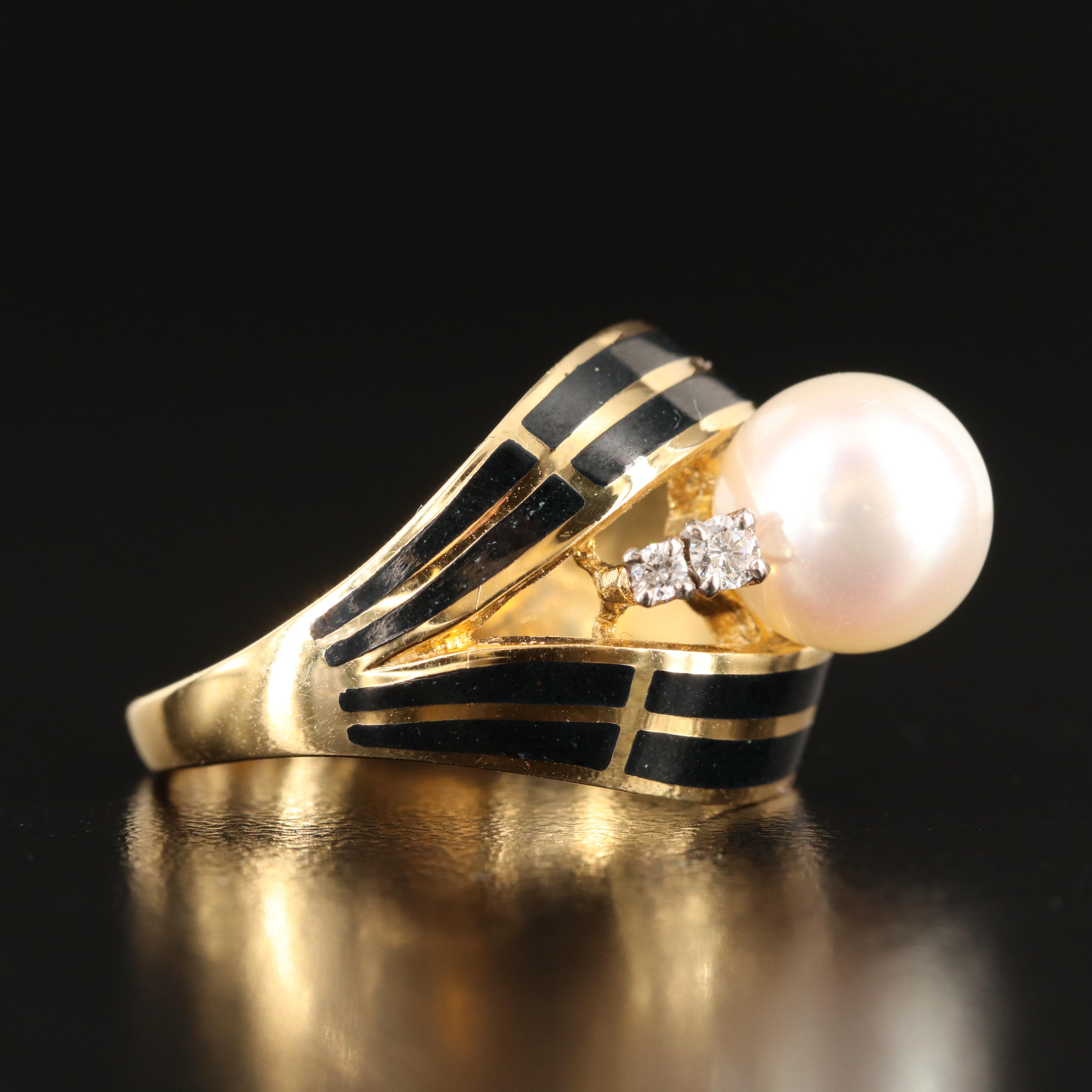 Mikimoto 18K Pearl, Diamond and Enamel Ring