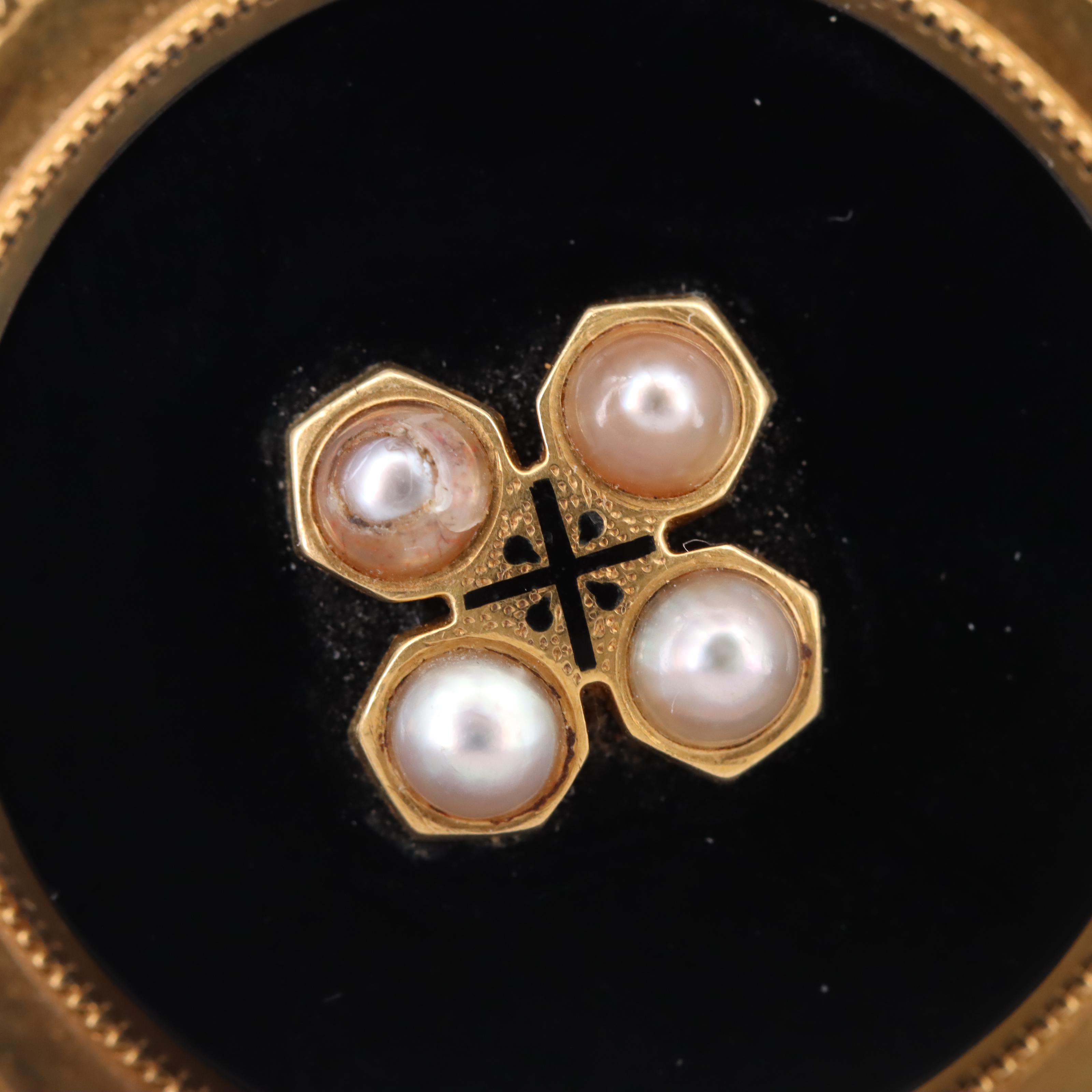 Victorian 18K Black Onyx and Pearl Mourning Brooch with Watch Hook