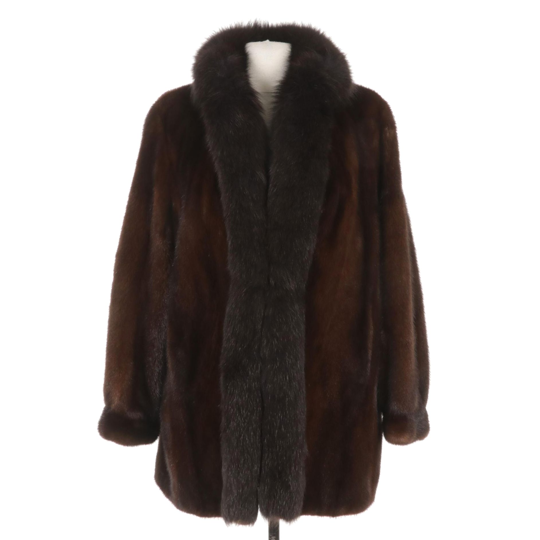 Henig Furs Dark Brown Mink Fur Stroller Coat with Fox Fur Trim