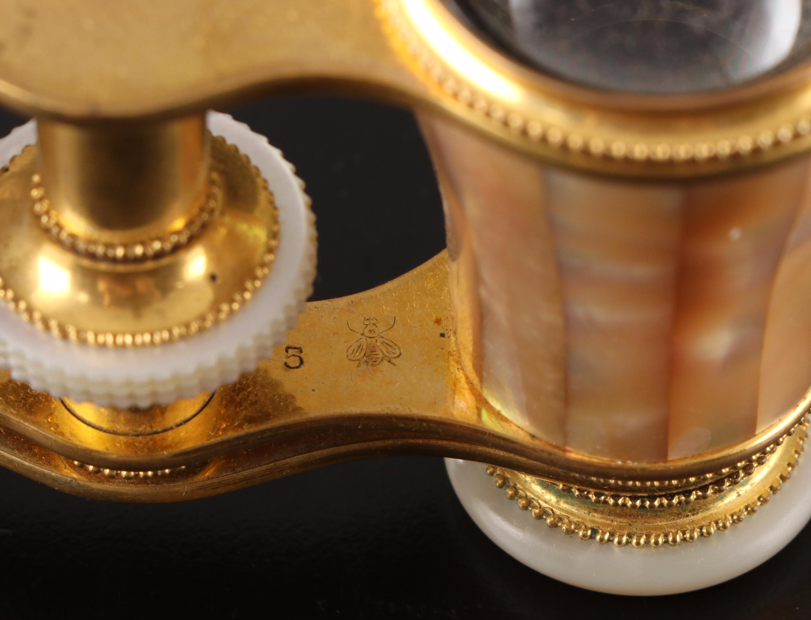 Le Maire French Mother-of-Pearl and Gold Tone Opera Glasses with Case