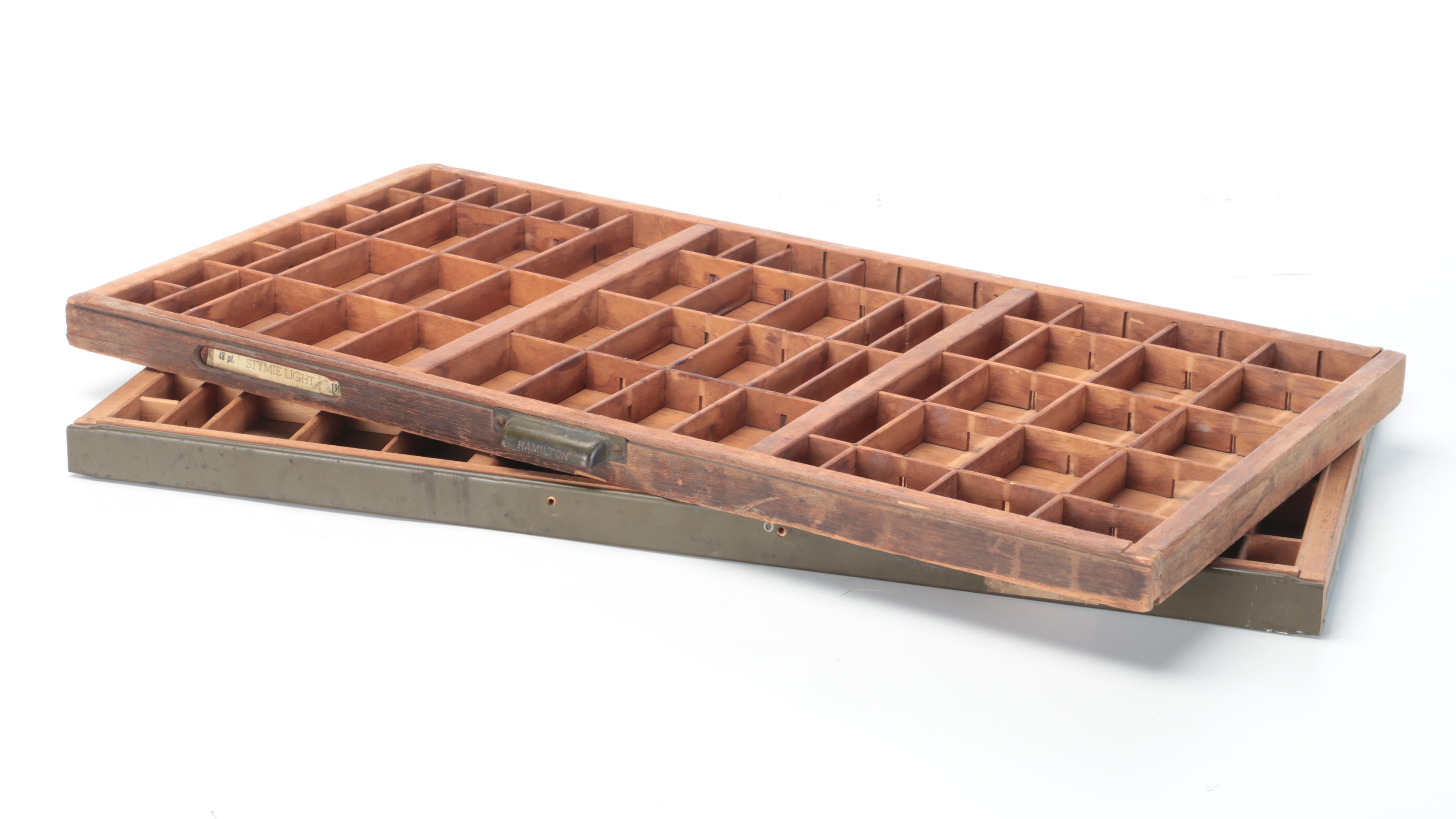 Wooden Printers Trays With Portable Typeset Box, Early to Mid-20th Century