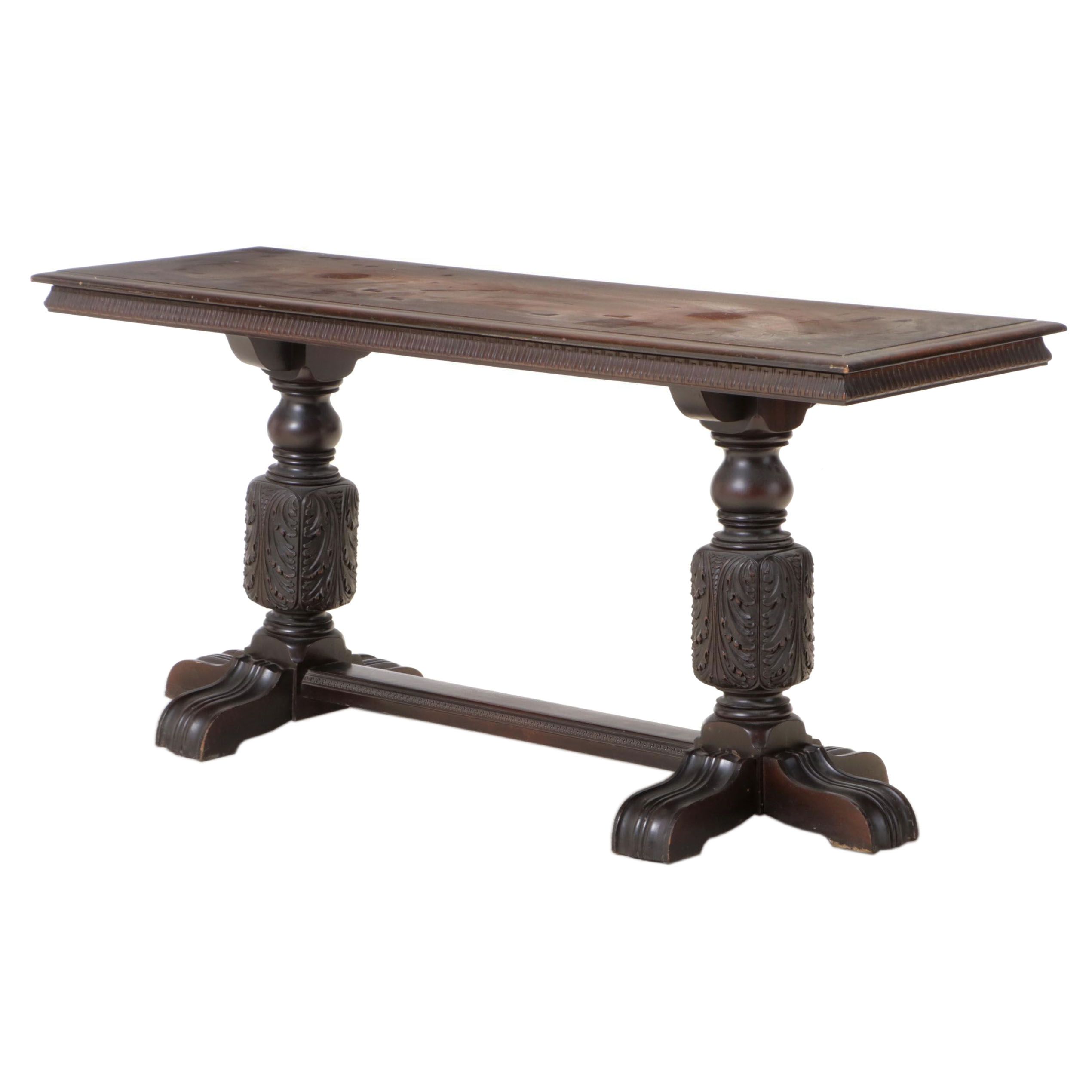 Tudor Revival Walnut Finish Hardwood Console Table, Mid-20th Century