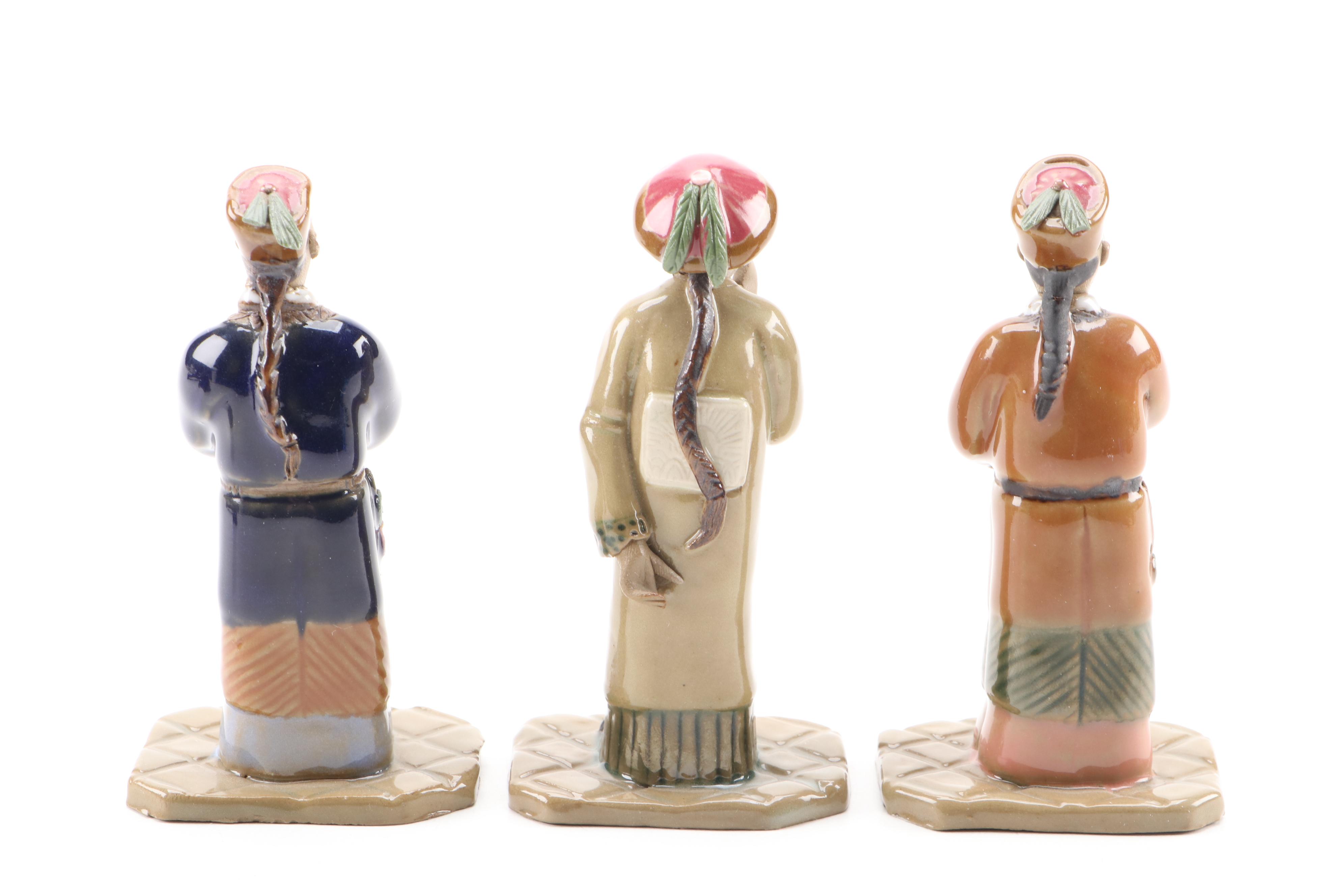Chinese Shiwan Ware Earthenware Figurines with Wood Stand