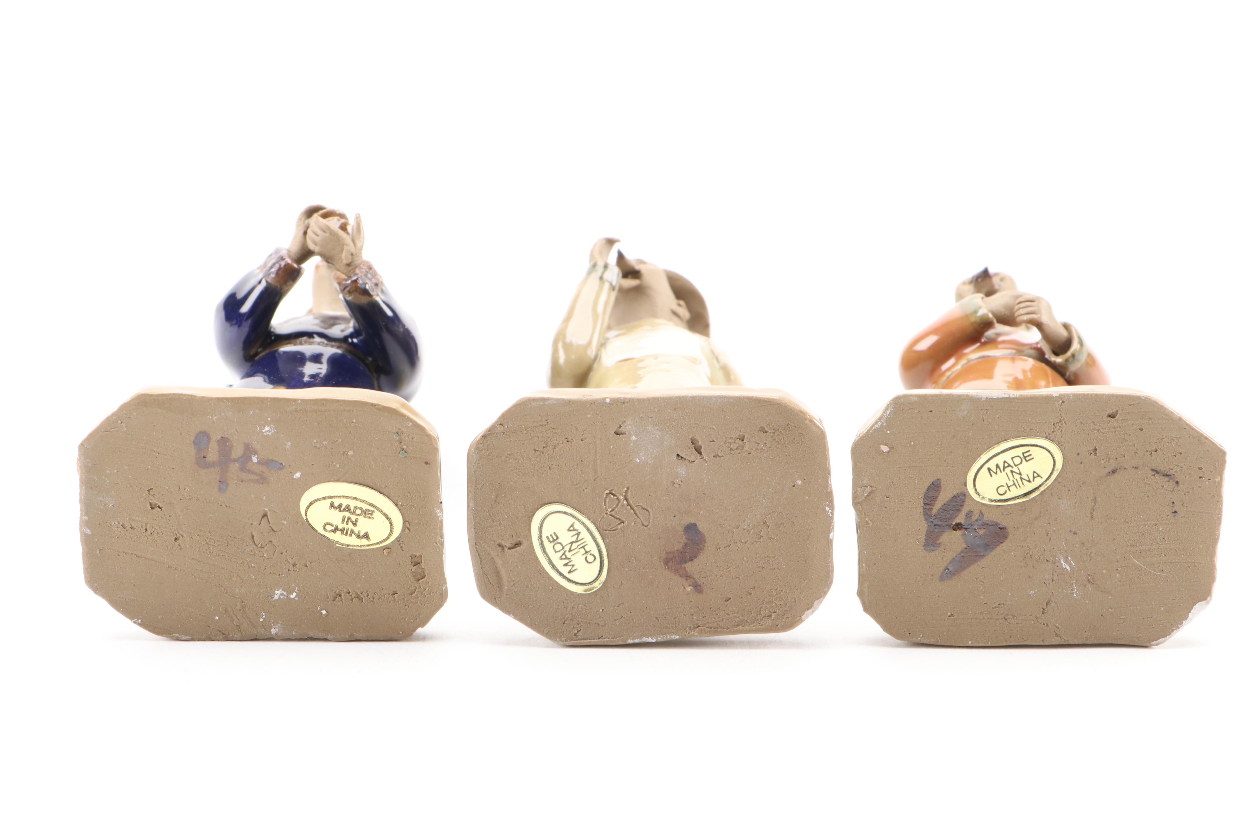 Chinese Shiwan Ware Earthenware Figurines with Wood Stand