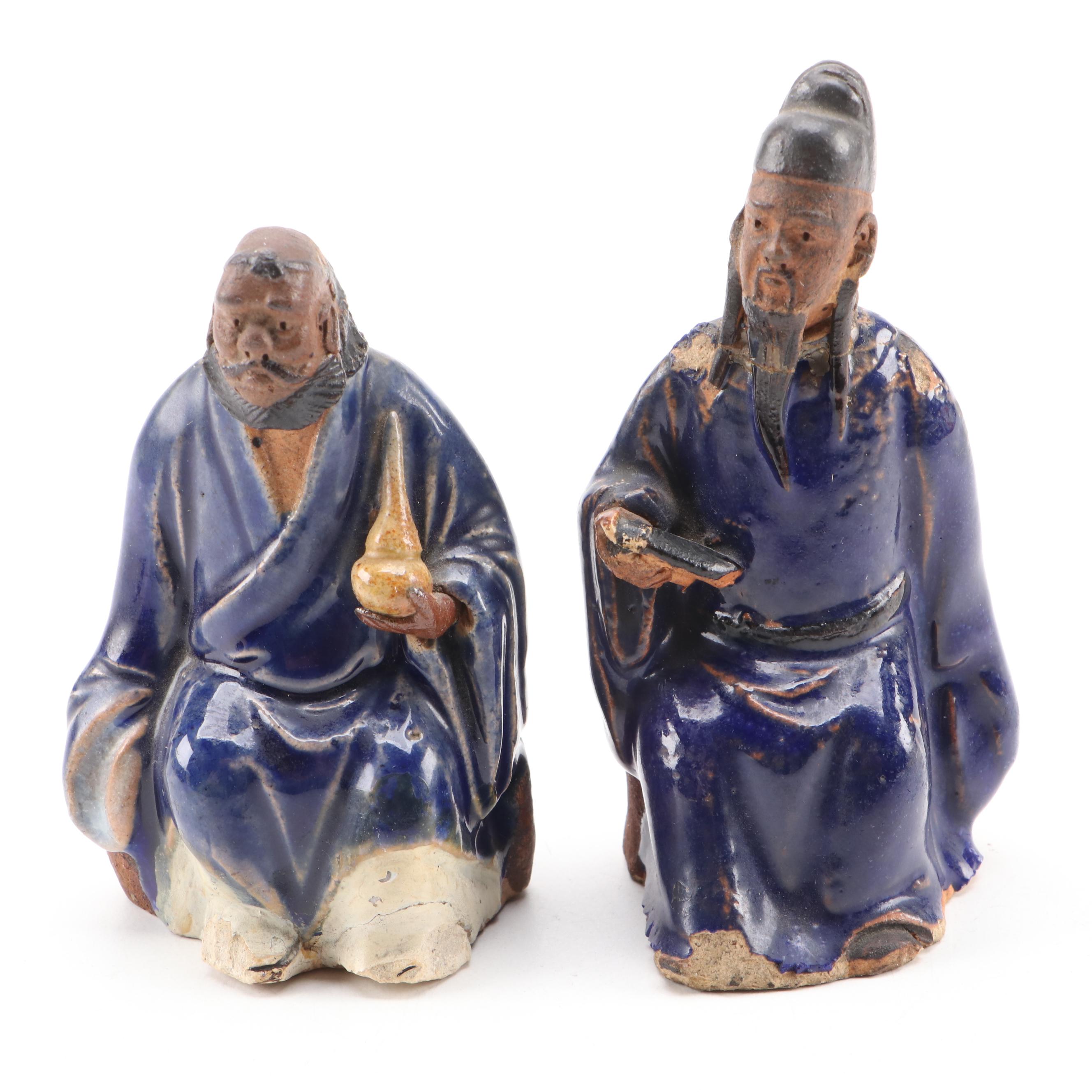Chinese Shiwan Ware Earthenware Figurines with Wood Stand