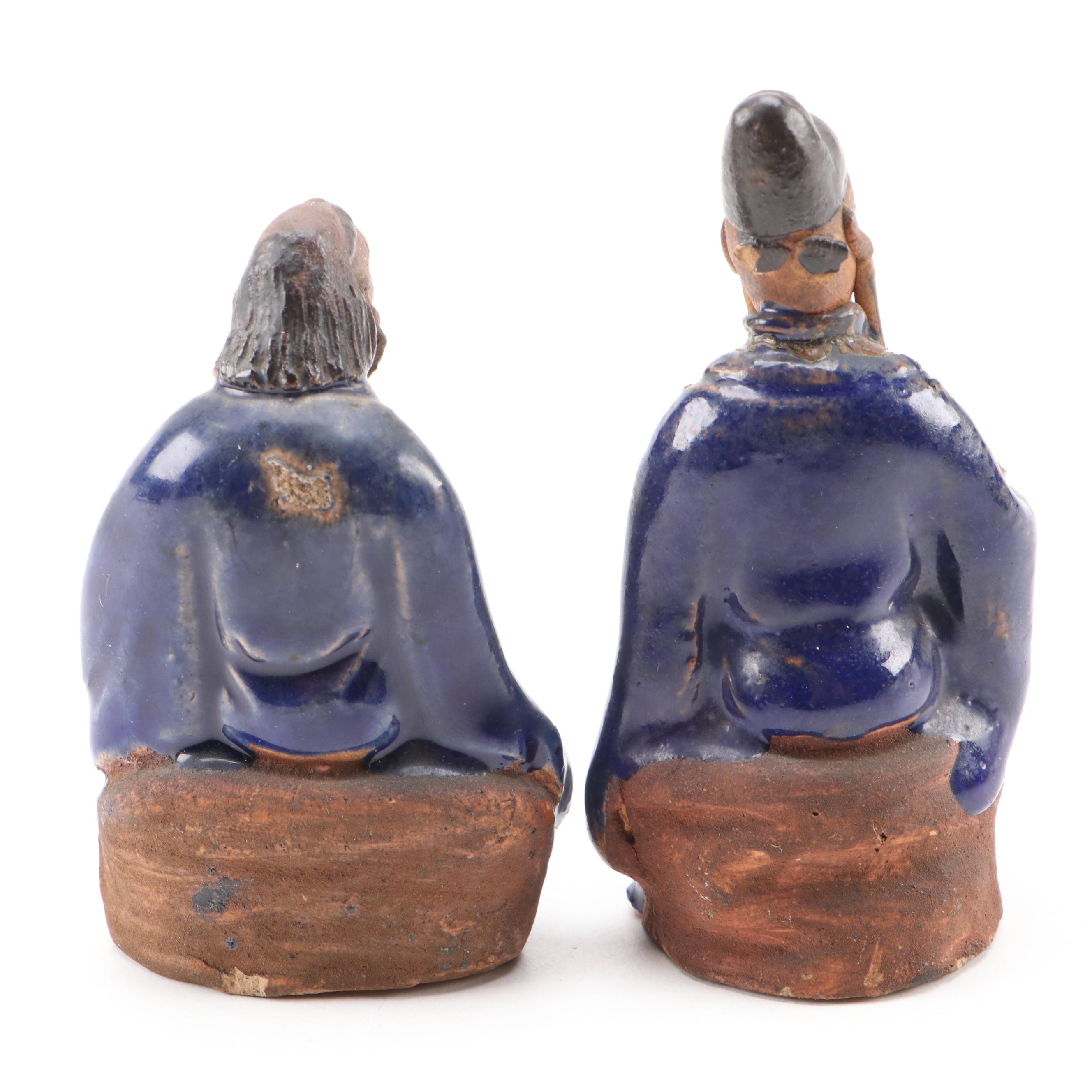 Chinese Shiwan Ware Earthenware Figurines with Wood Stand