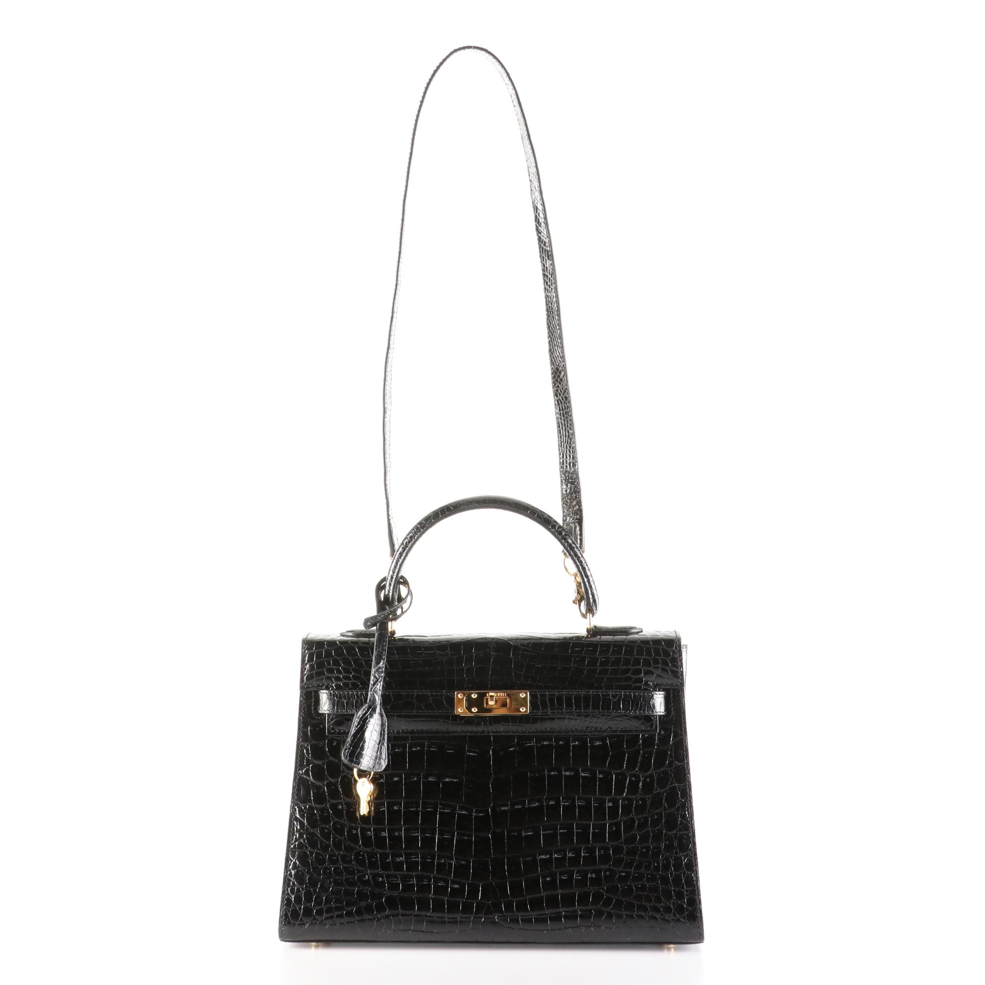 Kwanpen Belted Two-Way Bag in High Gloss Crocodile Skin Leather