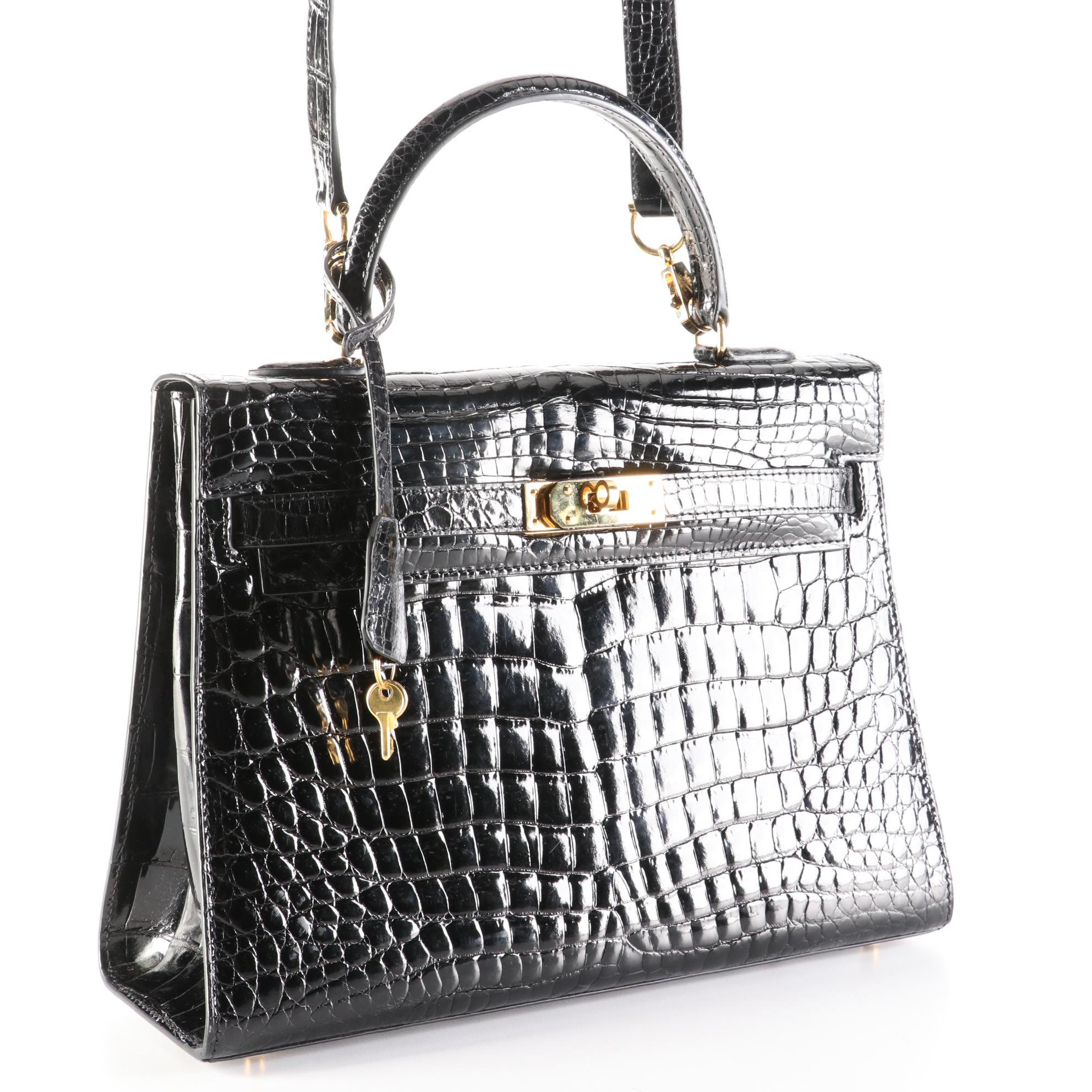 Kwanpen Belted Two-Way Bag in High Gloss Crocodile Skin Leather