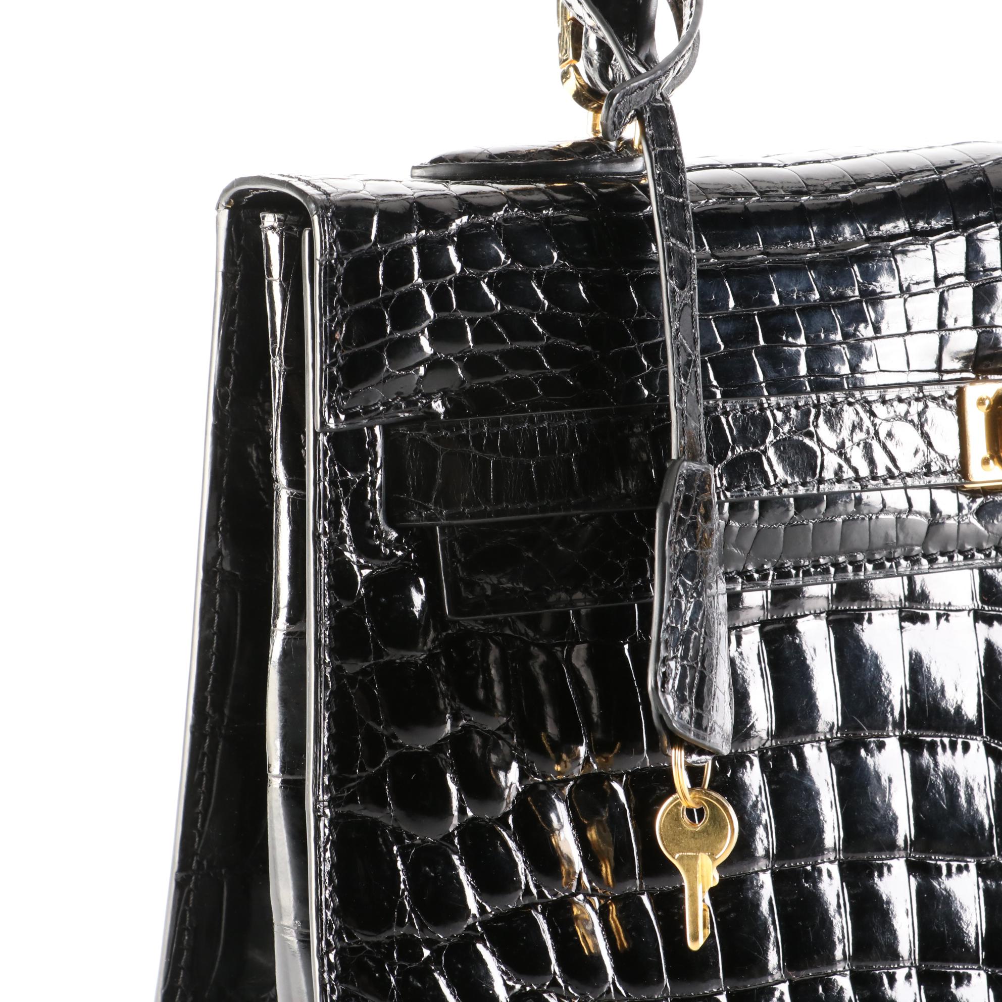 Kwanpen Belted Two-Way Bag in High Gloss Crocodile Skin Leather