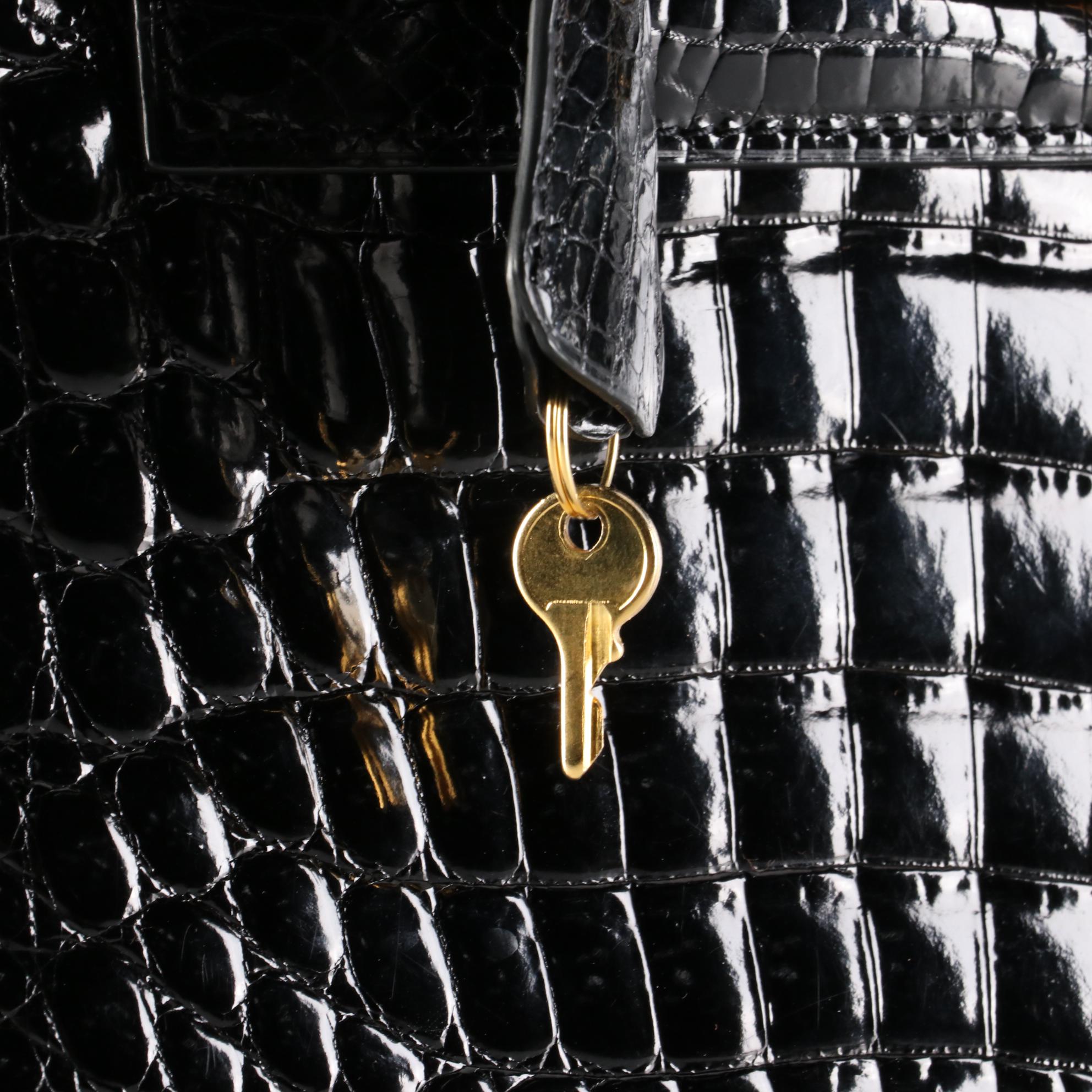 Kwanpen Belted Two-Way Bag in High Gloss Crocodile Skin Leather
