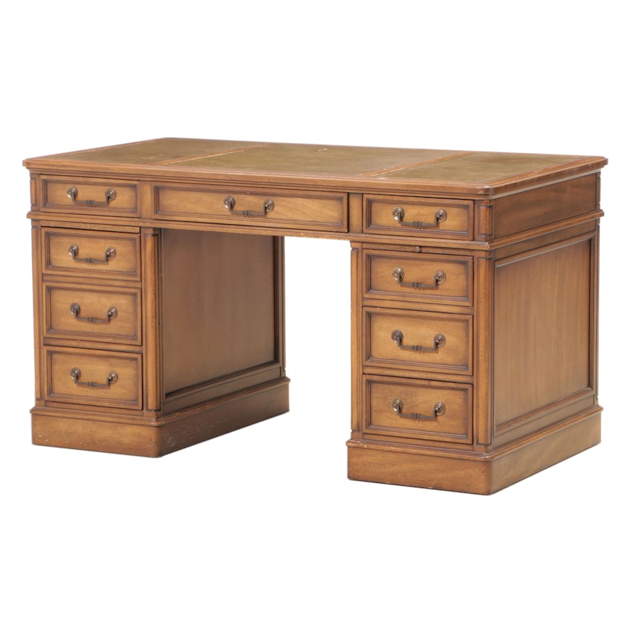 Sligh & Lowry Pecan Double Pedestal Desk with Leather Top