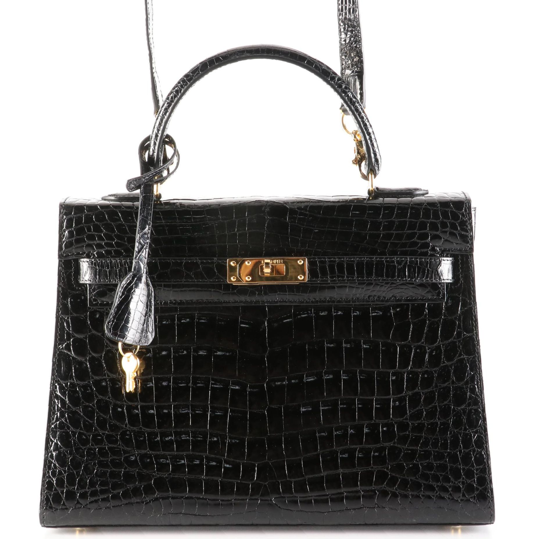 Kwanpen Belted Two-Way Bag in High Gloss Crocodile Skin Leather