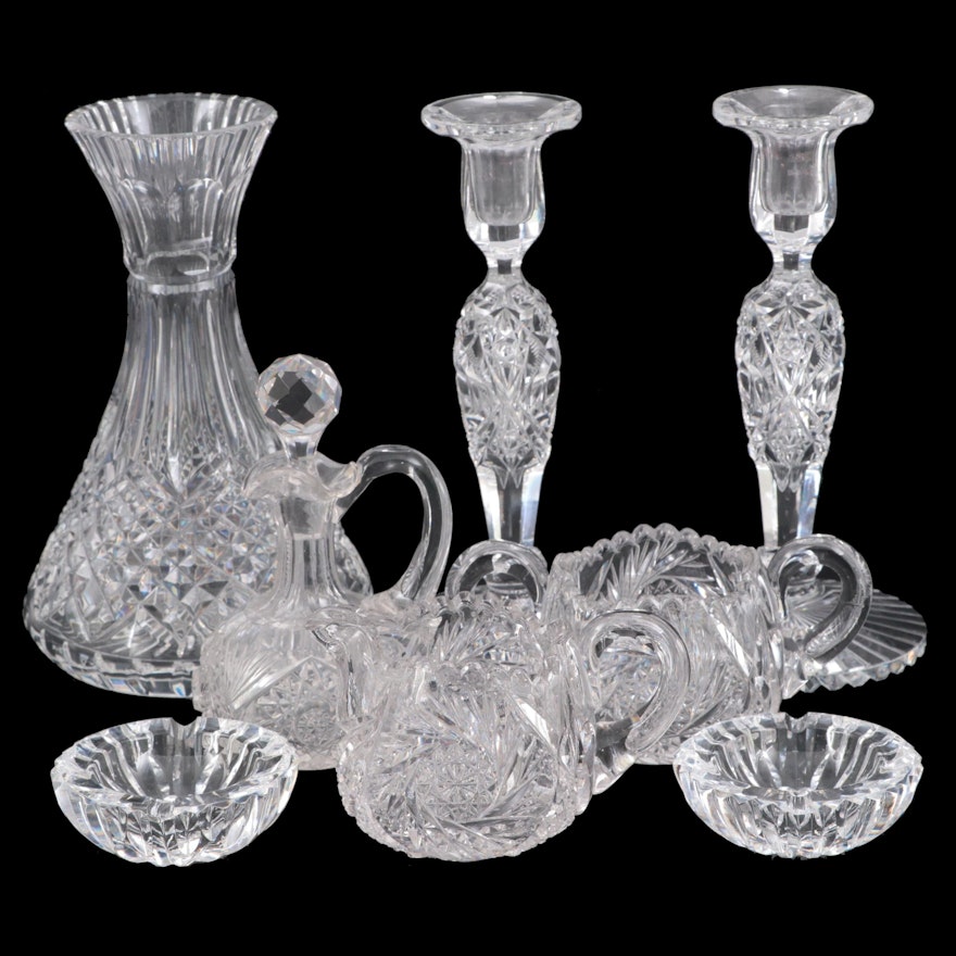 Waterford Crystal Vase, Ashtrays, Hawkes Glass Candlesticks, More Glassware