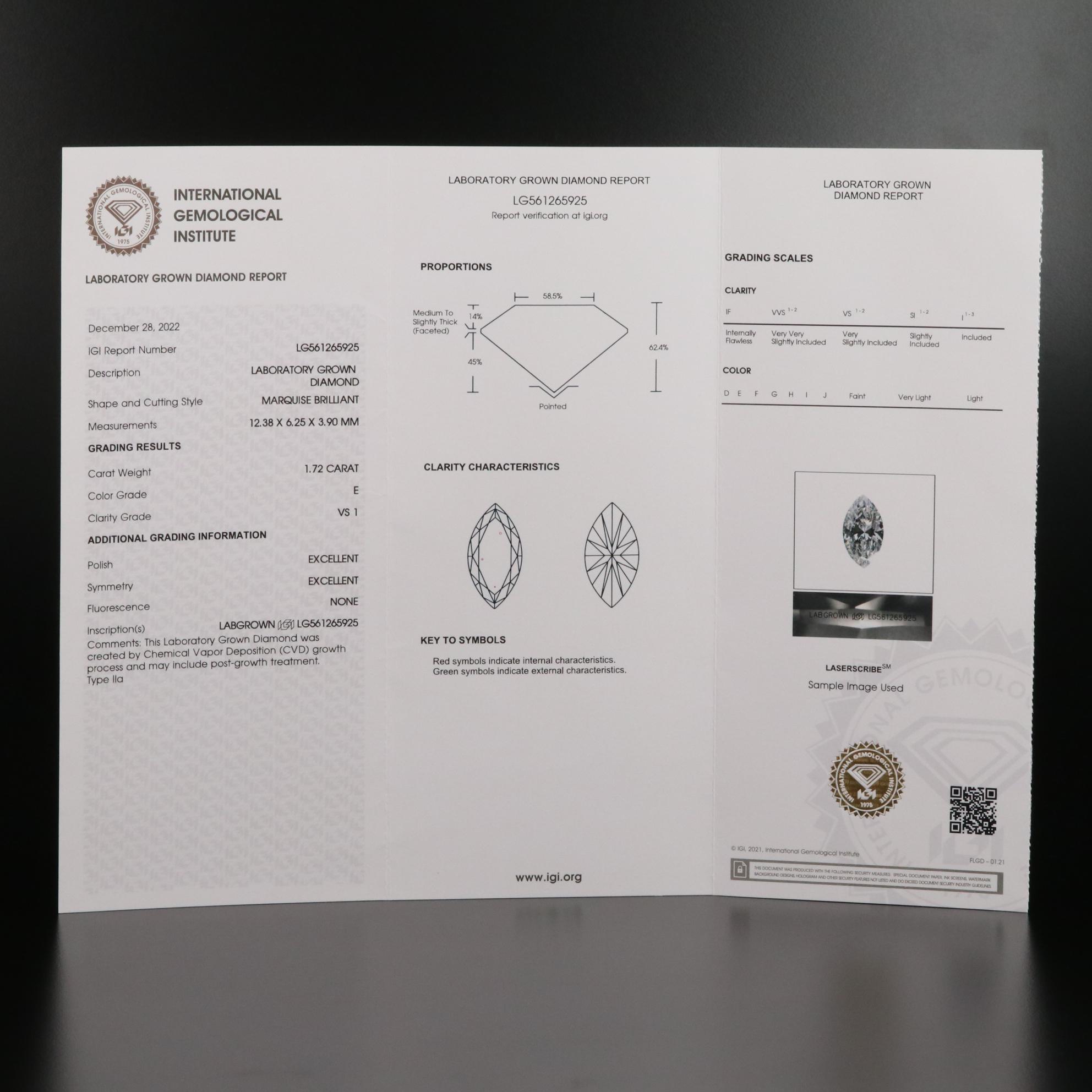 Loose 1.72 CT Lab Grown Diamond with IGI Report