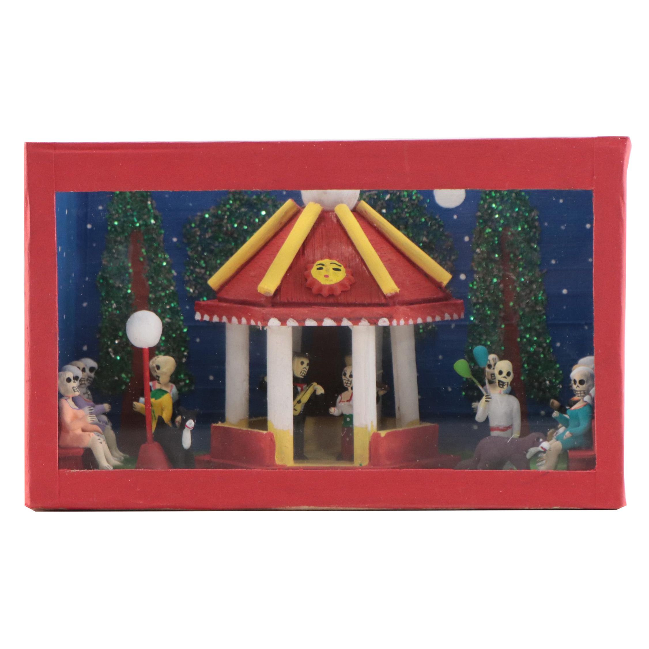 Mexican Folk Art Hand-Painted Wooden Diorama in Glass Box