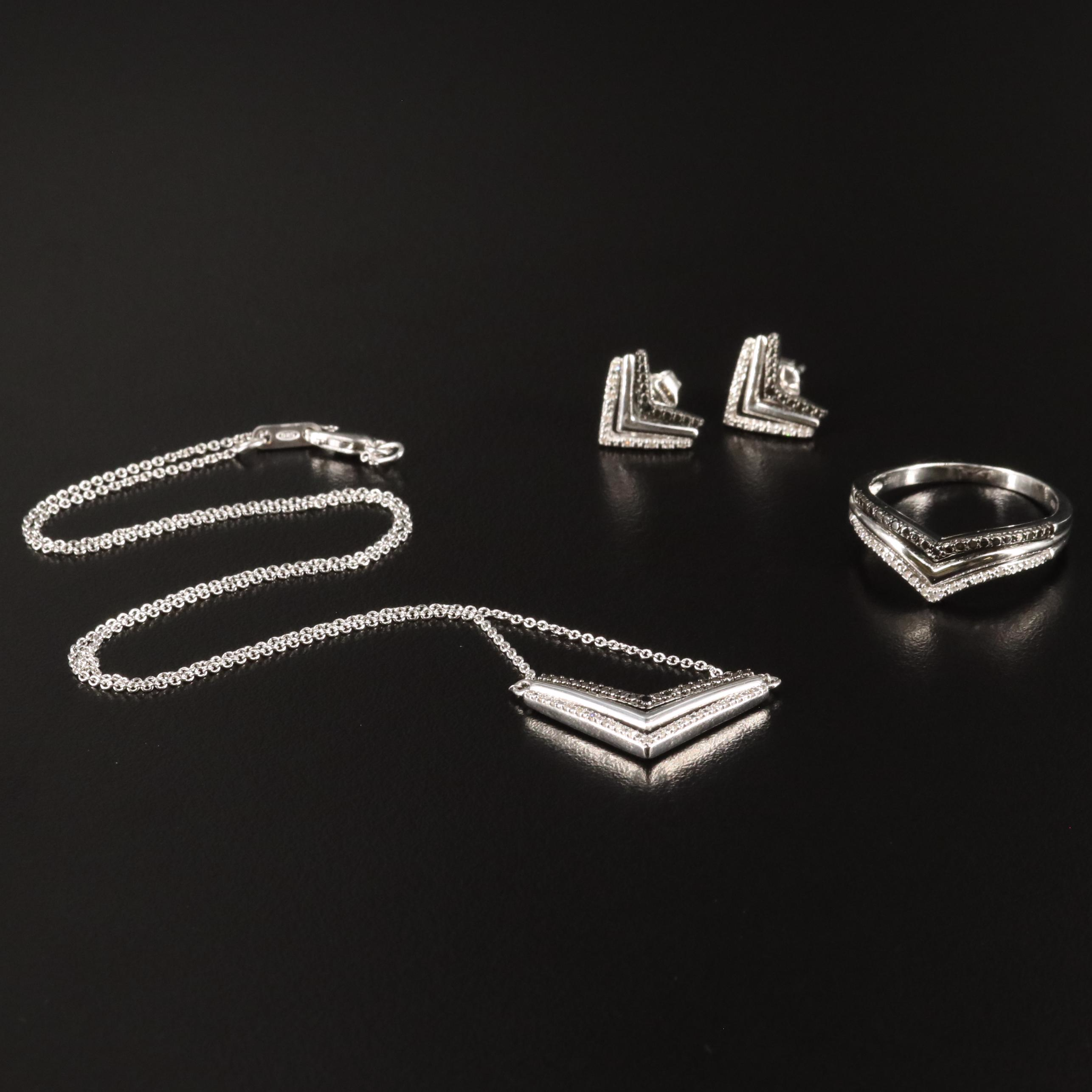 Sterling Diamond V Shaped Ring, Necklace, and Stud Earrings