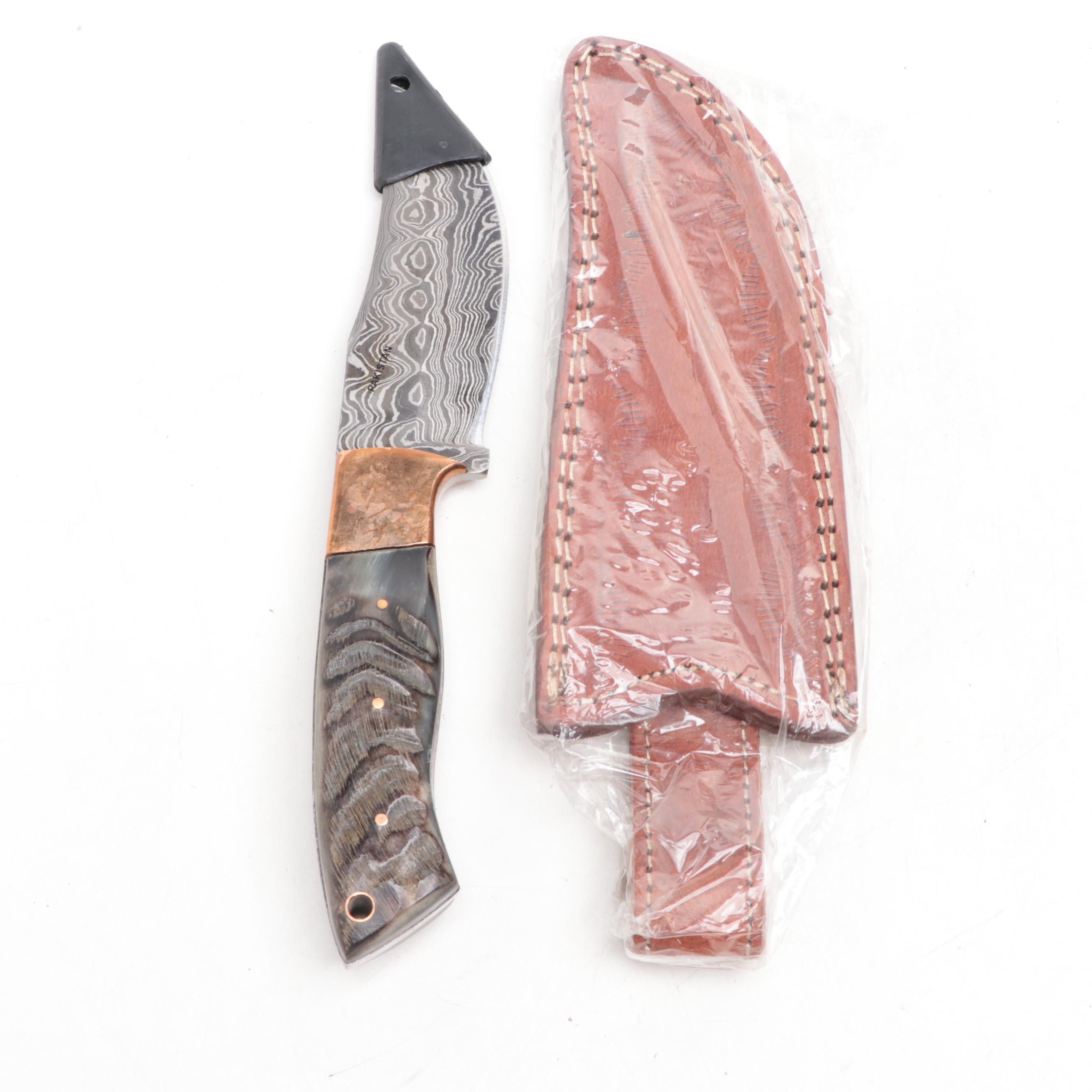 Rite Edge Damascus Steel and Bone-Handled Skinner Knife with Scabbard
