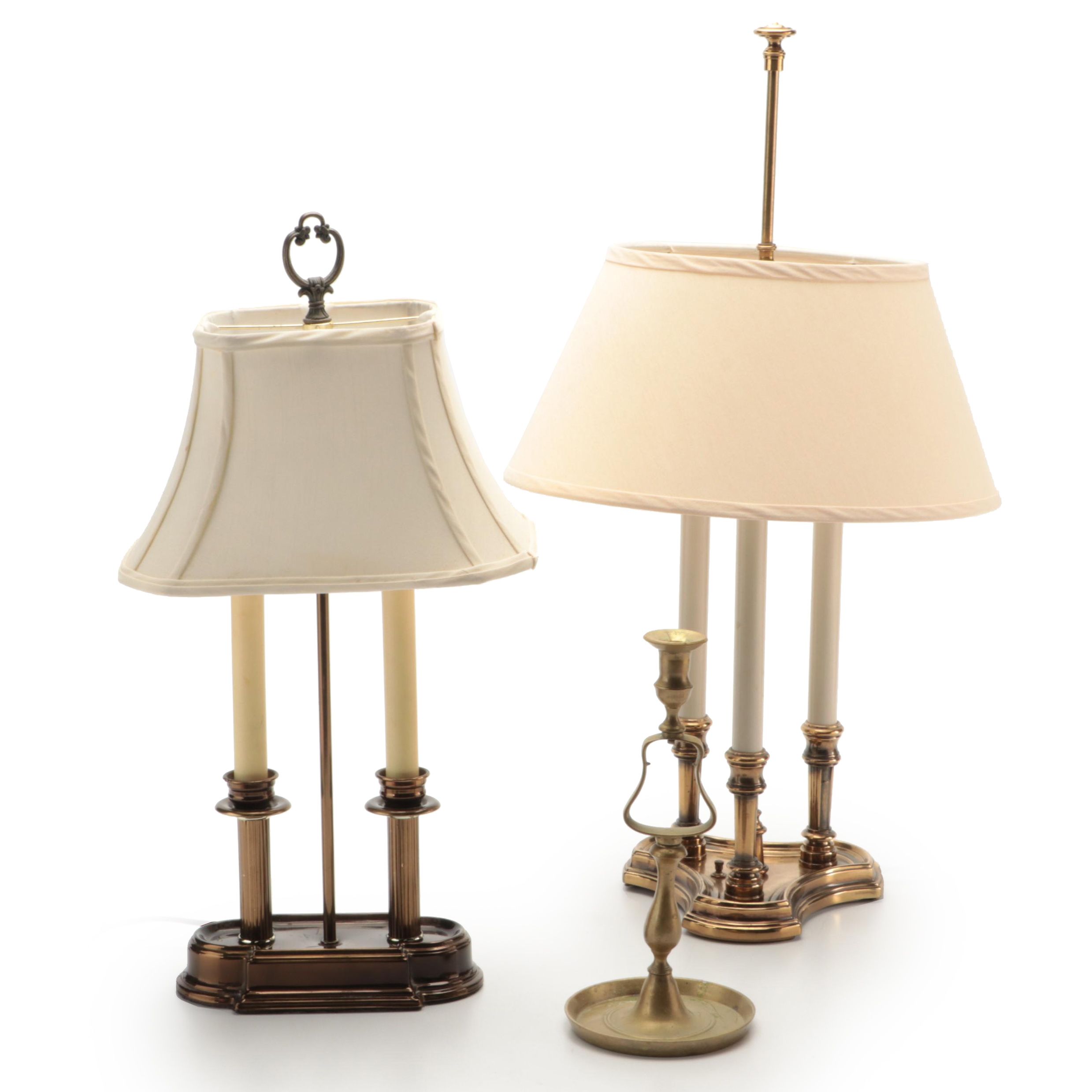 Stiffel and Other Bouillotte Style Brass Table Lamps, Brass Tavern Candlestick