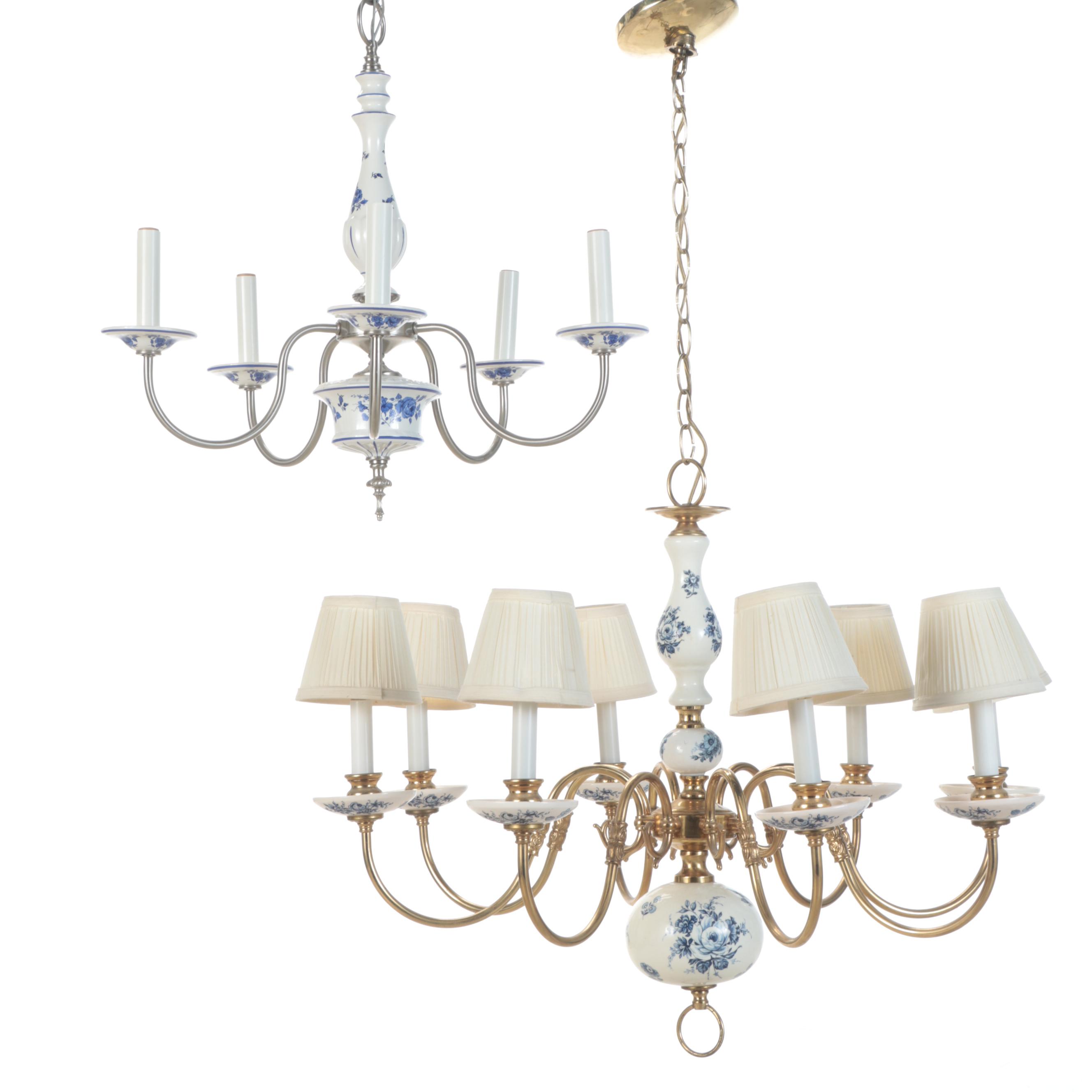 Thomas Industries and Other Blue and White Delft Style Ceramic Chandeliers