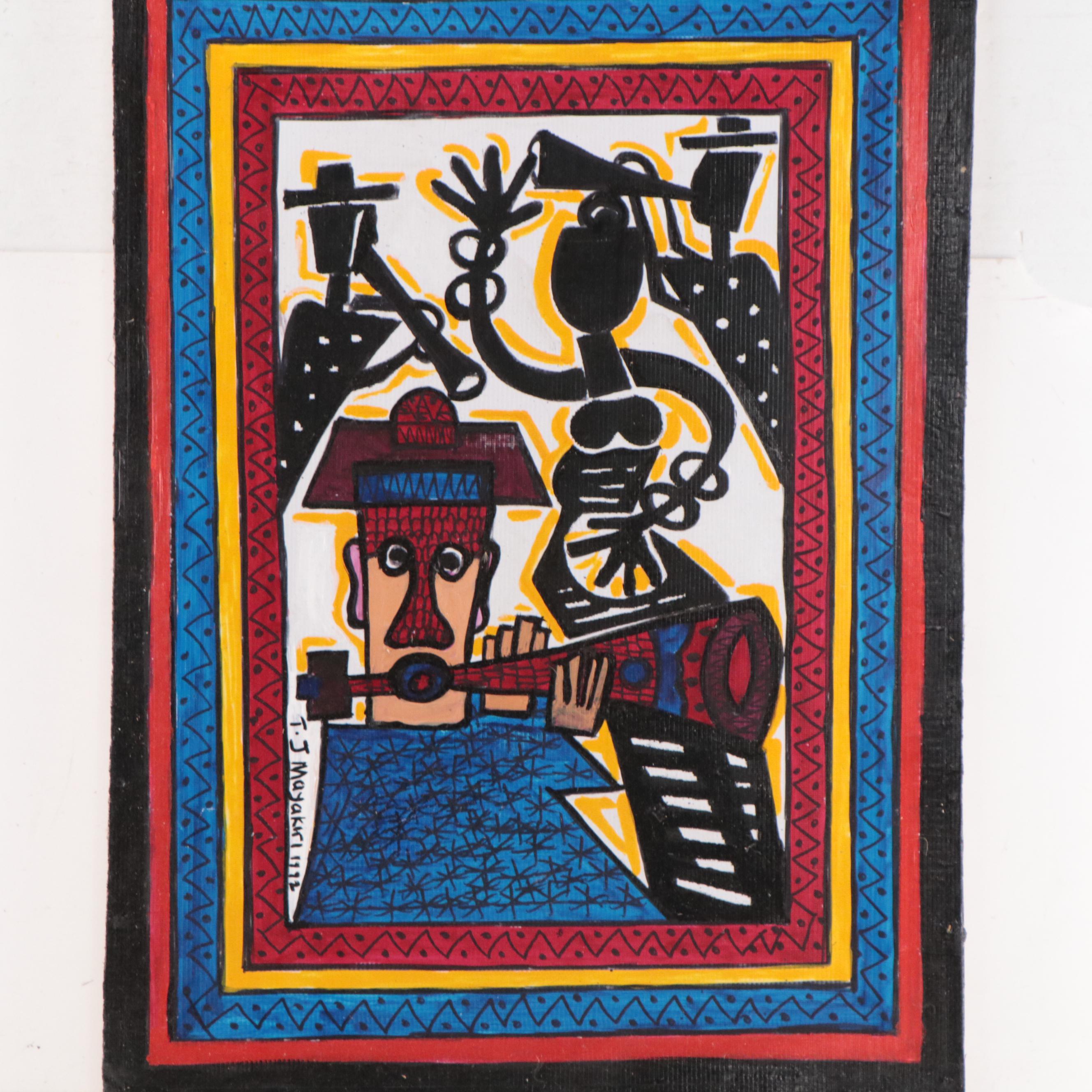 T. J. Mayakiri Folk Art Style Figurative Acrylic Painting, 1992