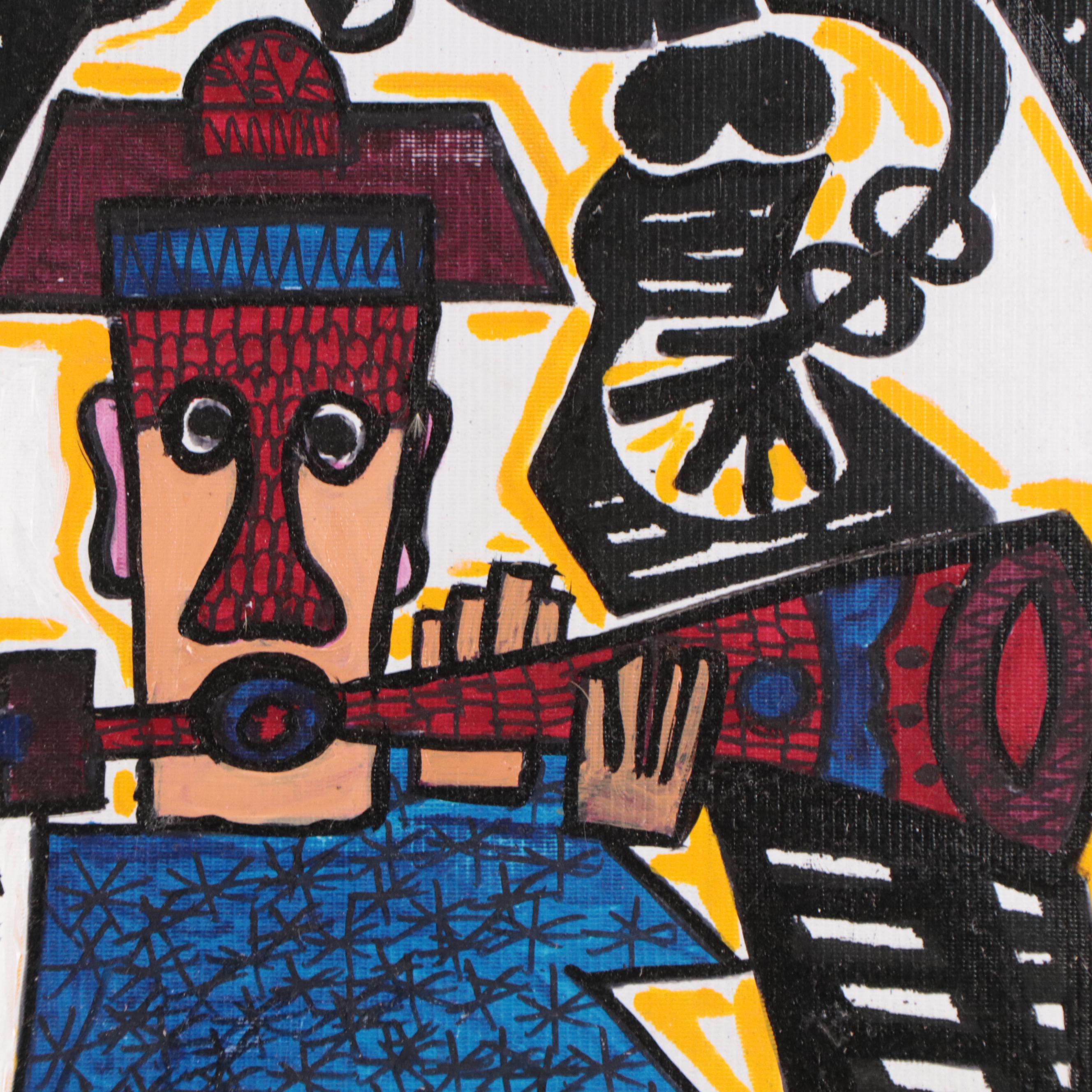 T. J. Mayakiri Folk Art Style Figurative Acrylic Painting, 1992