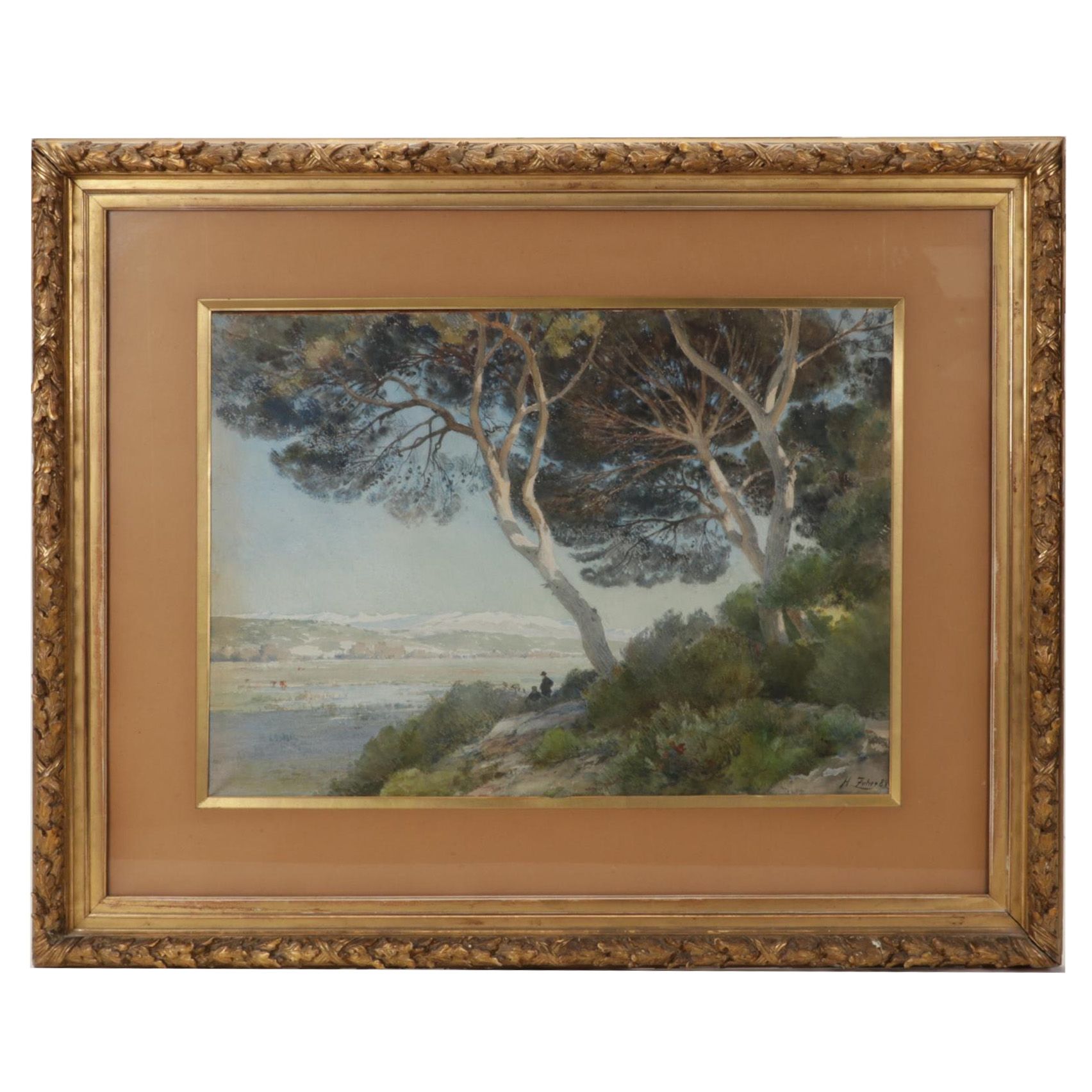 Henri Zuber Watercolor Painting of Figures Overlooking Marshy Plain, 1886