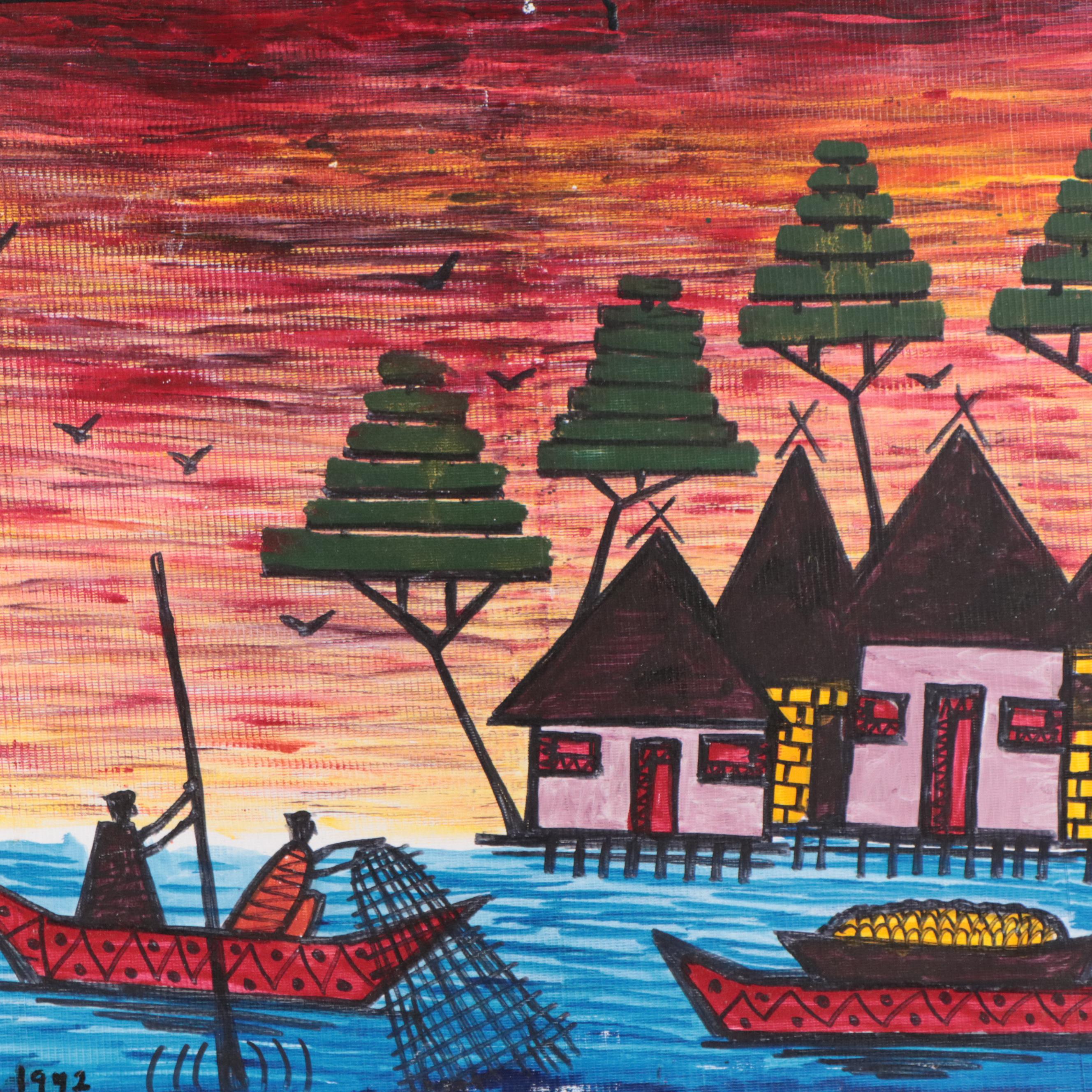 T. J. Mayakiri Folk Art Acrylic Painting of River Landscape With Figures, 1992