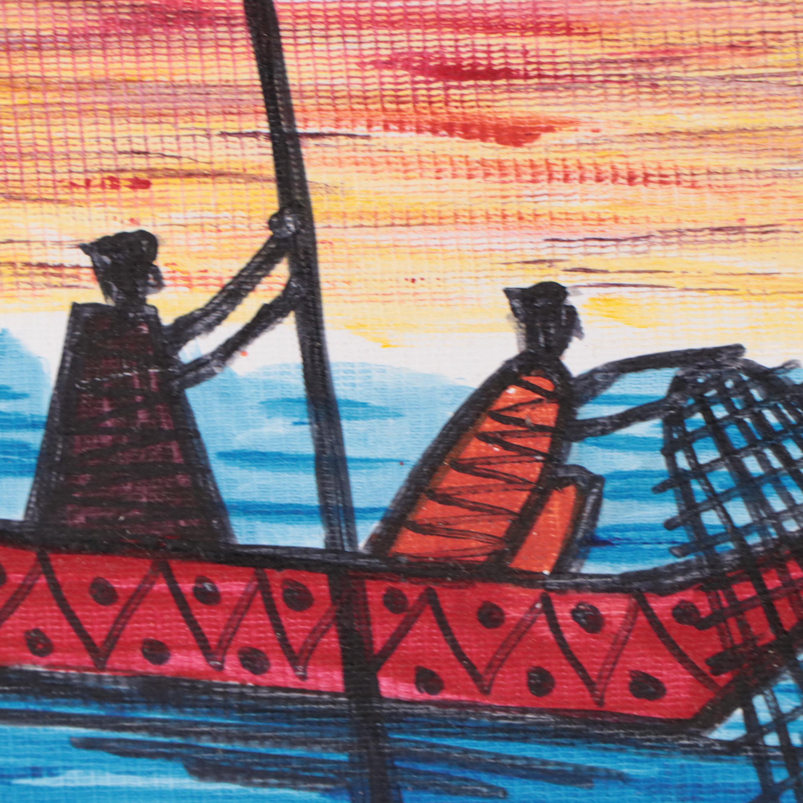 T. J. Mayakiri Folk Art Acrylic Painting of River Landscape With Figures, 1992