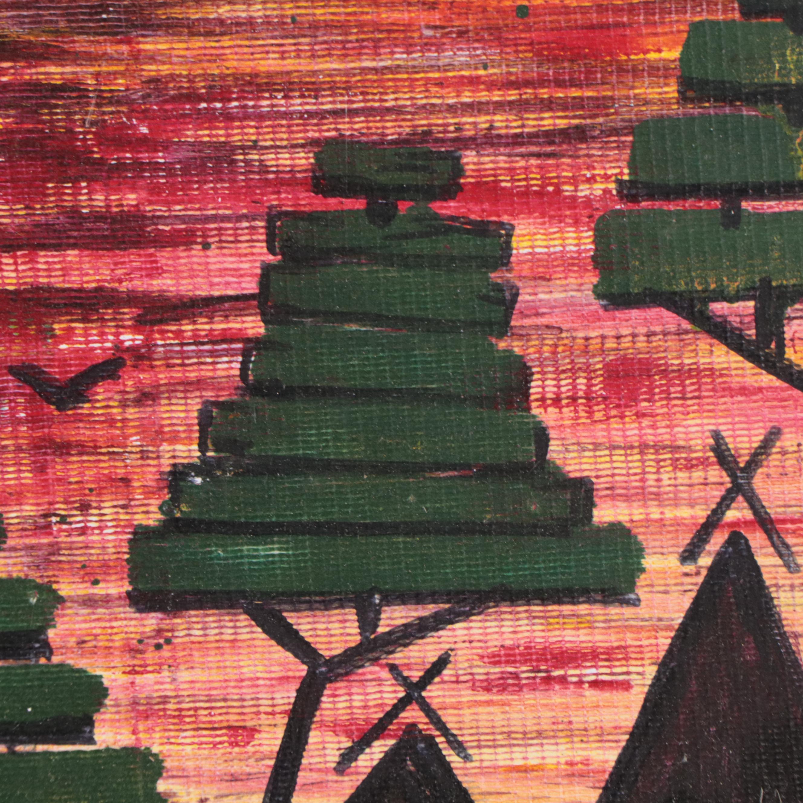 T. J. Mayakiri Folk Art Acrylic Painting of River Landscape With Figures, 1992