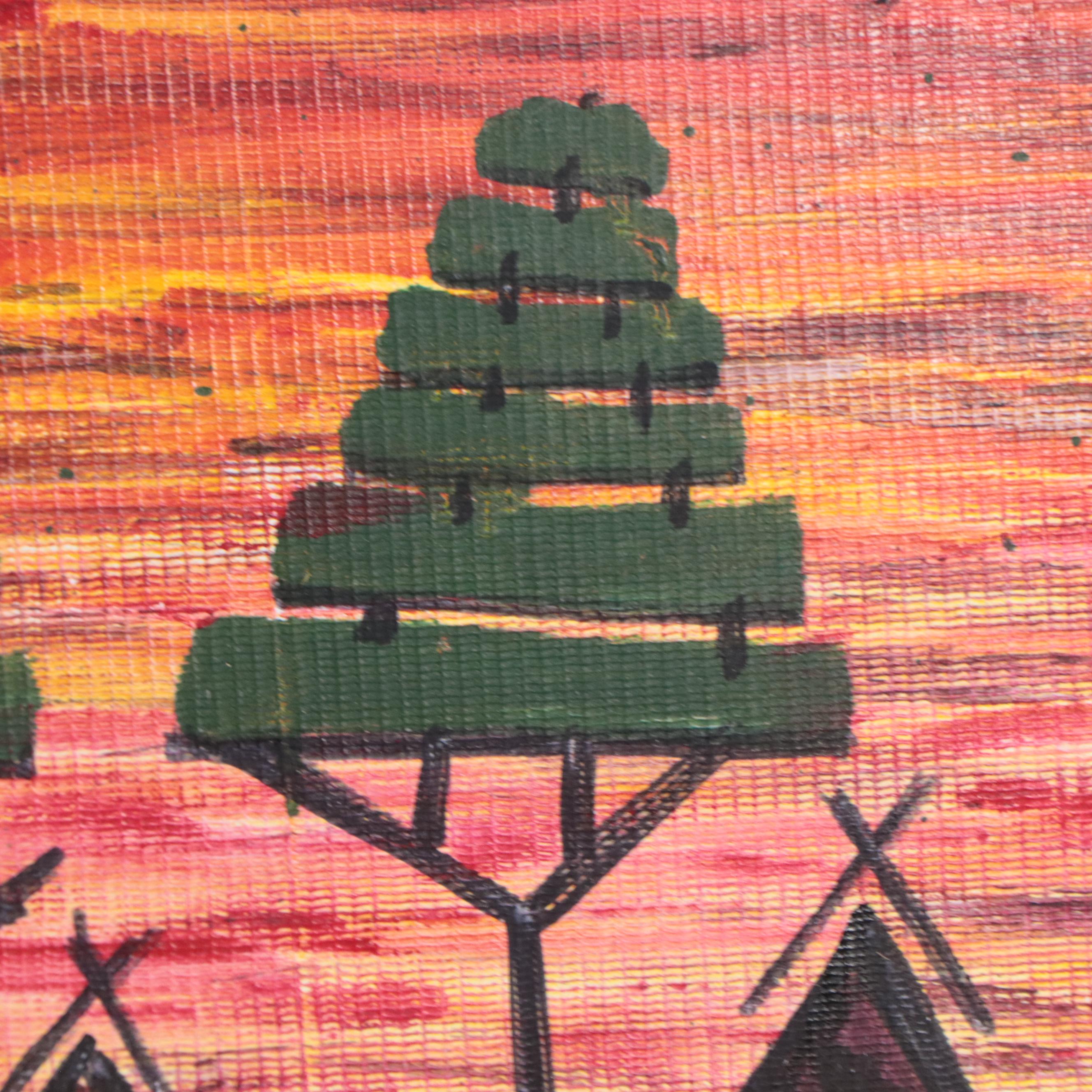 T. J. Mayakiri Folk Art Acrylic Painting of River Landscape With Figures, 1992