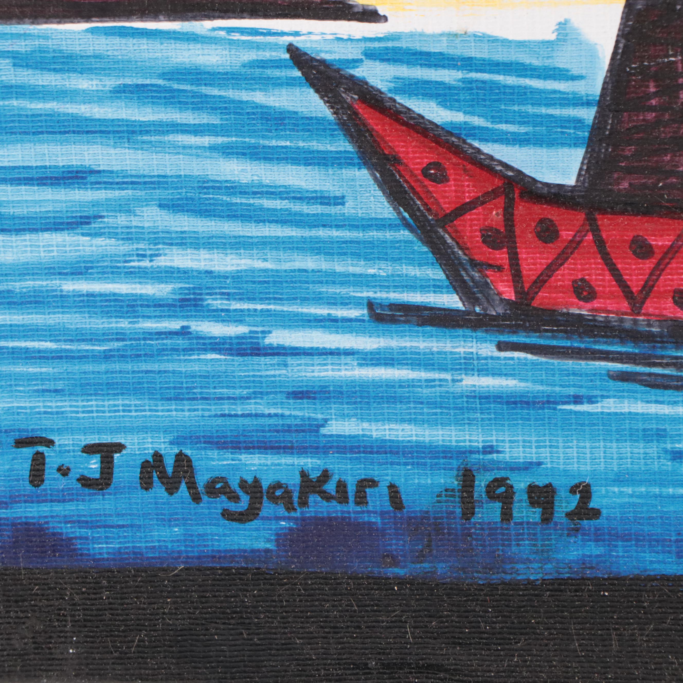 T. J. Mayakiri Folk Art Acrylic Painting of River Landscape With Figures, 1992