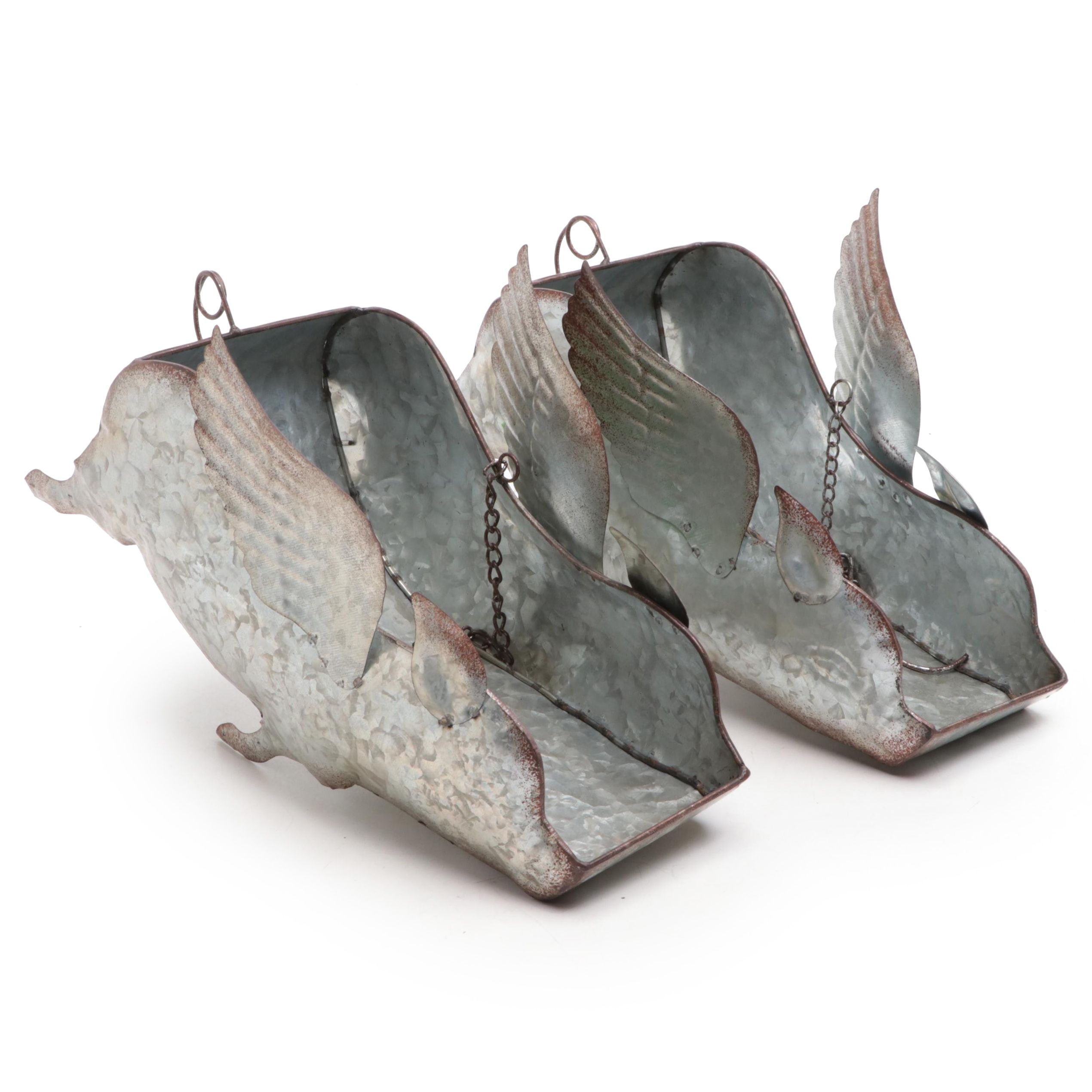 Galvanized Metal Flying Pig Figural Hanging Planters