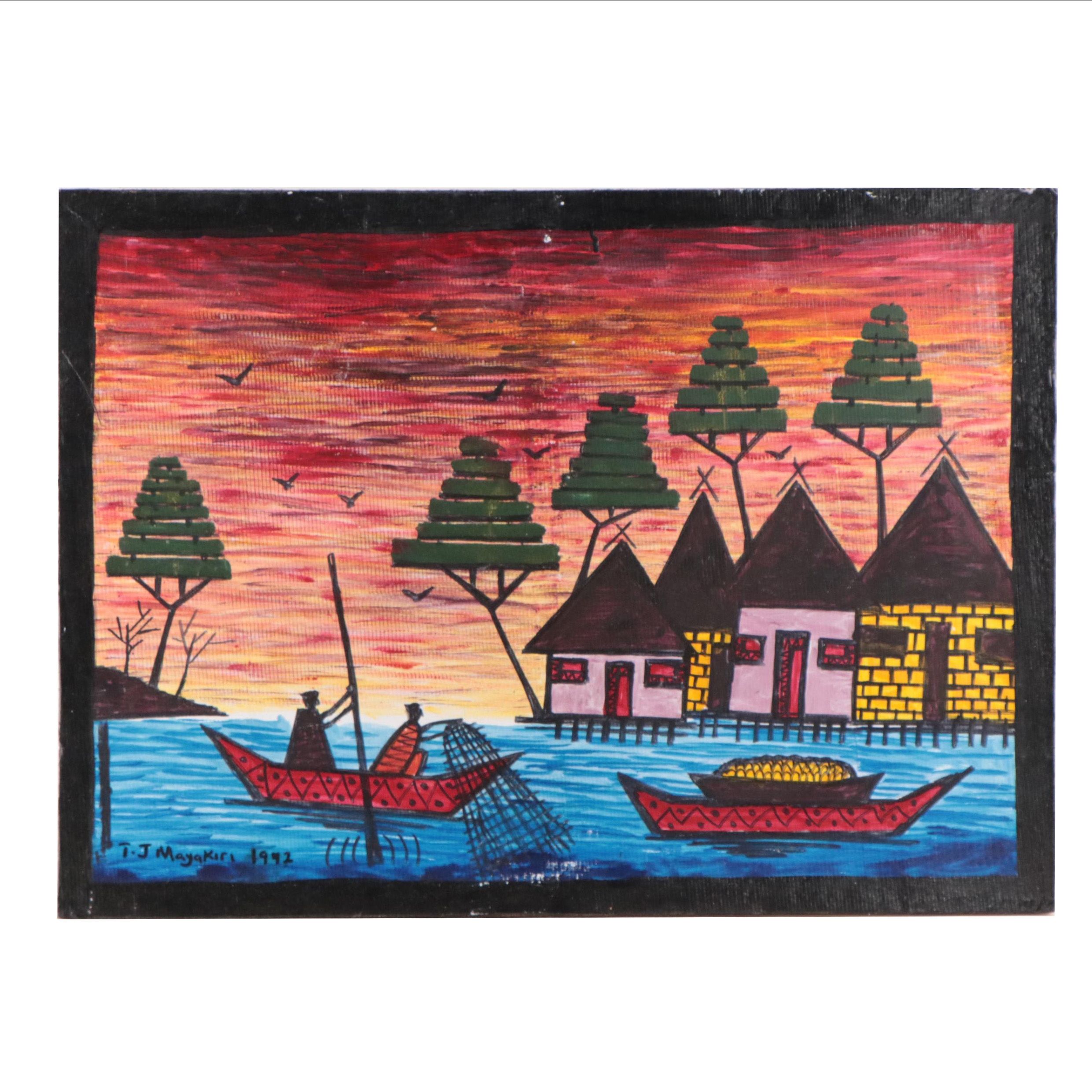 T. J. Mayakiri Folk Art Acrylic Painting of River Landscape With Figures, 1992