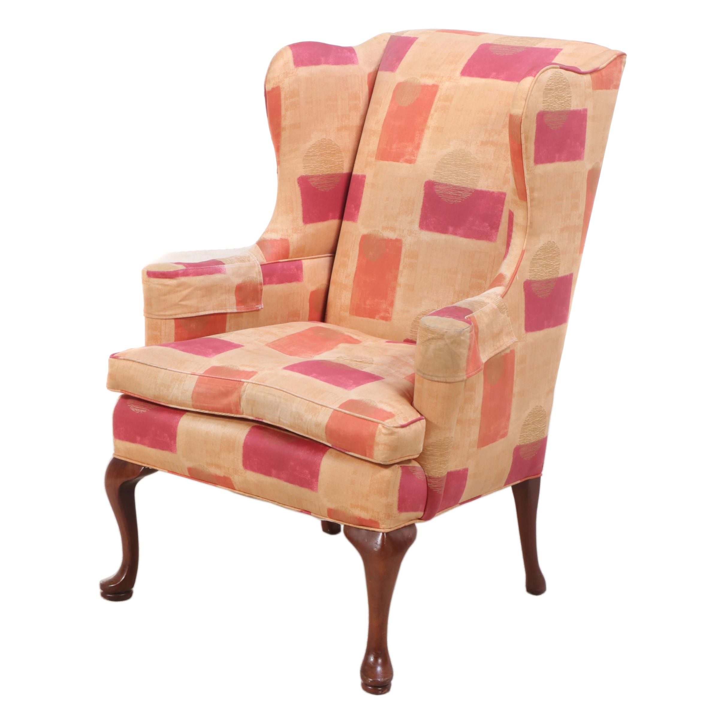 Queen Anne Style Mahogany and Custom-Upholstered Wingback Armchair