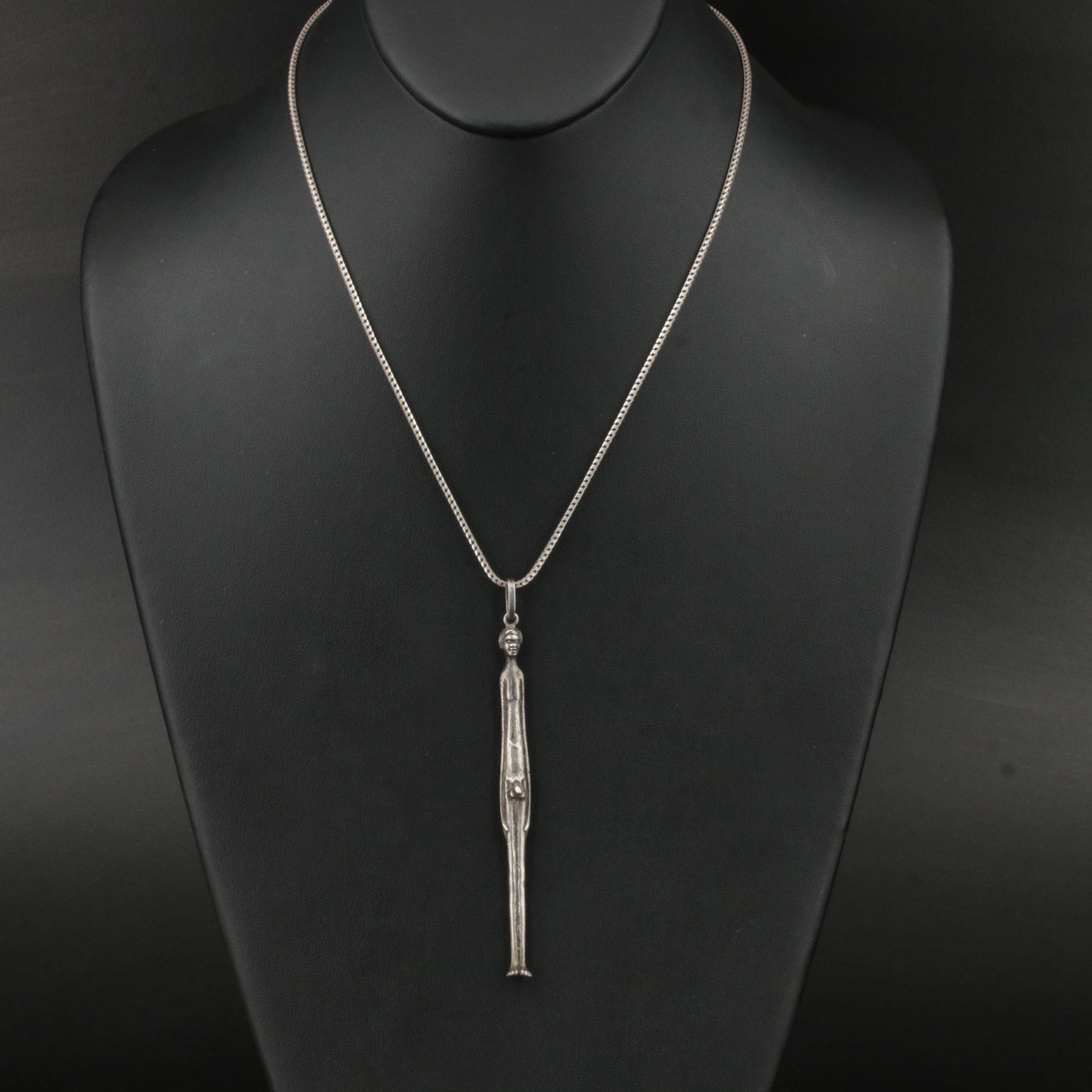 800 Silver Nude Male Figure Pendant on Sterling Chain Necklace