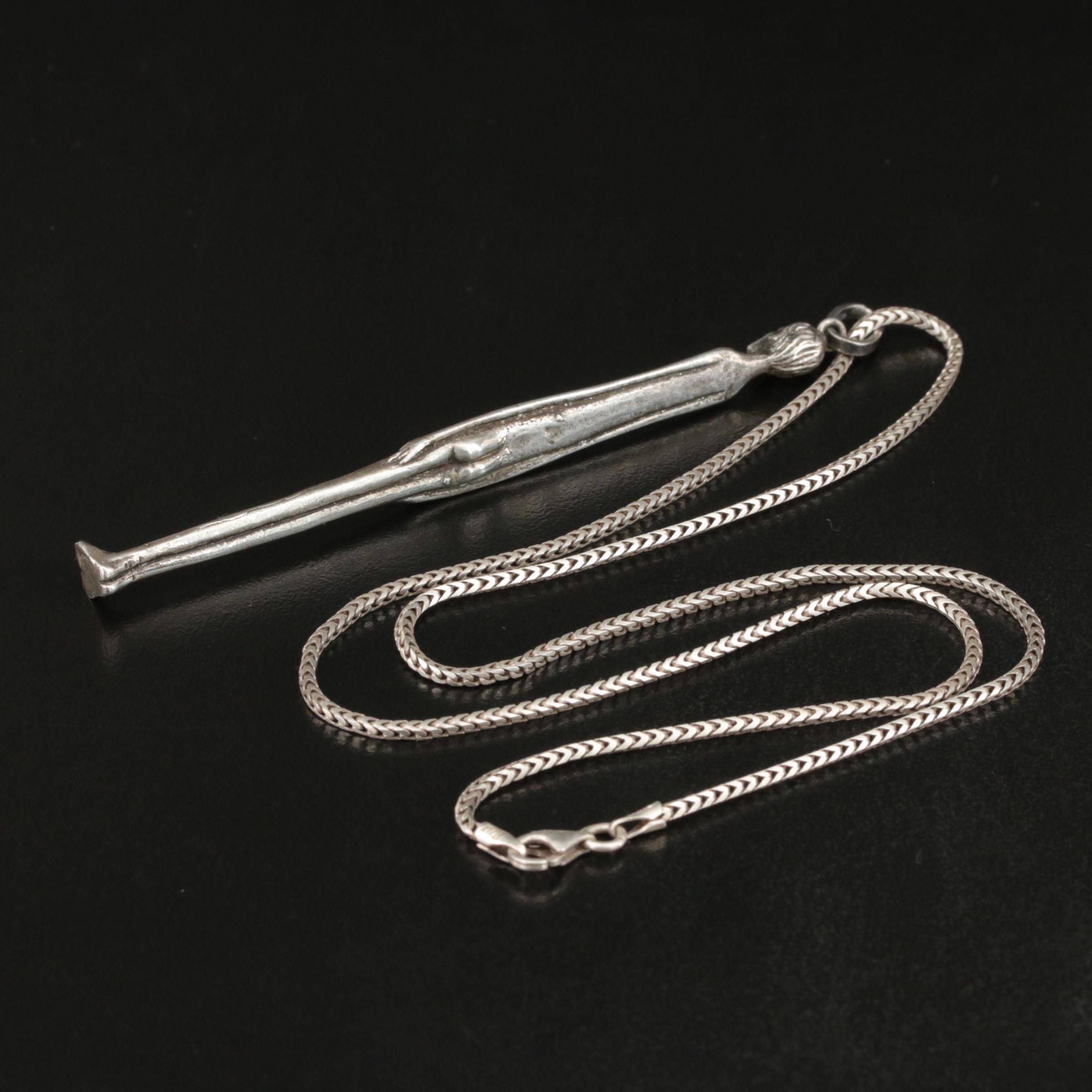 800 Silver Nude Male Figure Pendant on Sterling Chain Necklace