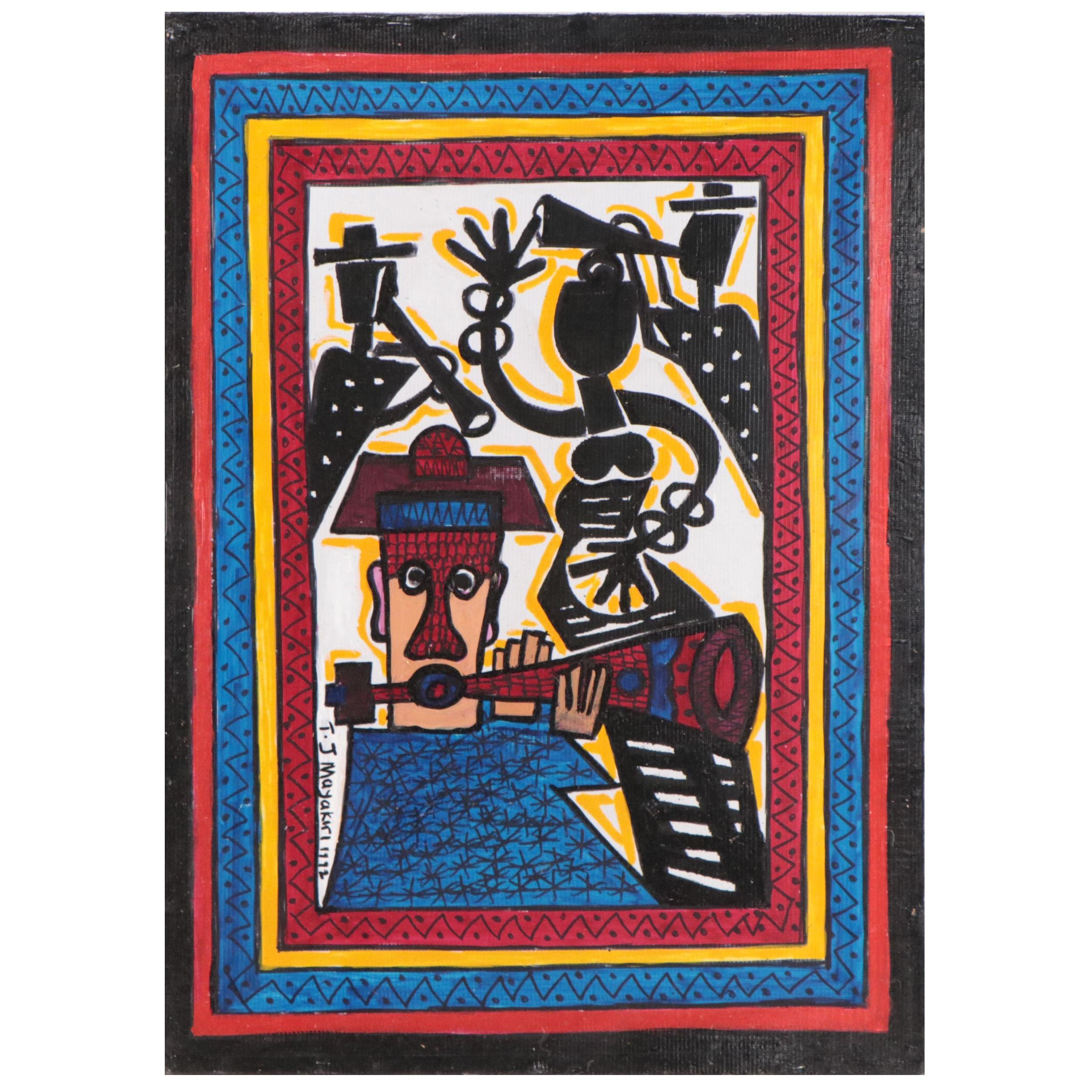 T. J. Mayakiri Folk Art Style Figurative Acrylic Painting, 1992