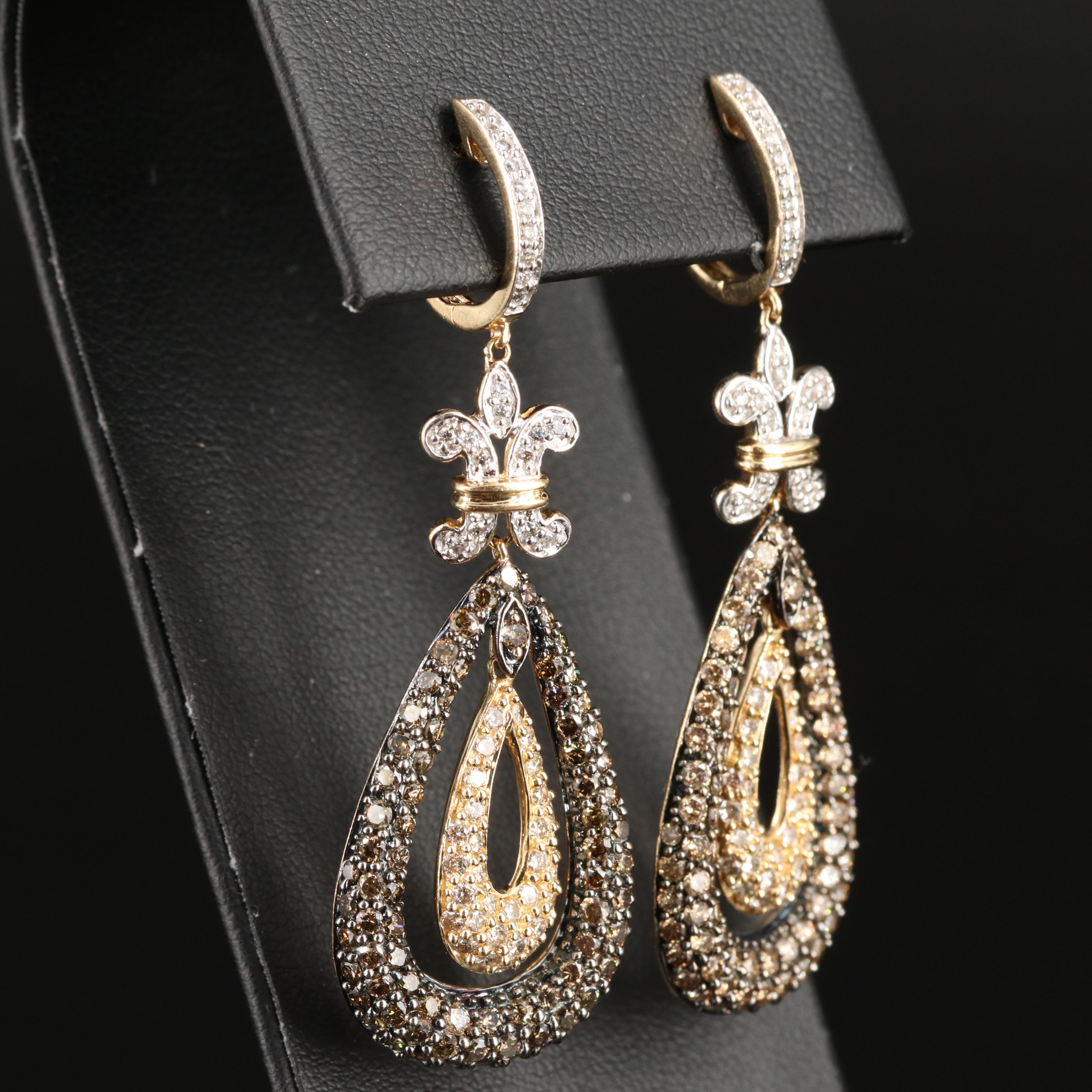 14K 3.35 CTW Diamond Teardrop Earrings with Fleur-de-Lis Accents