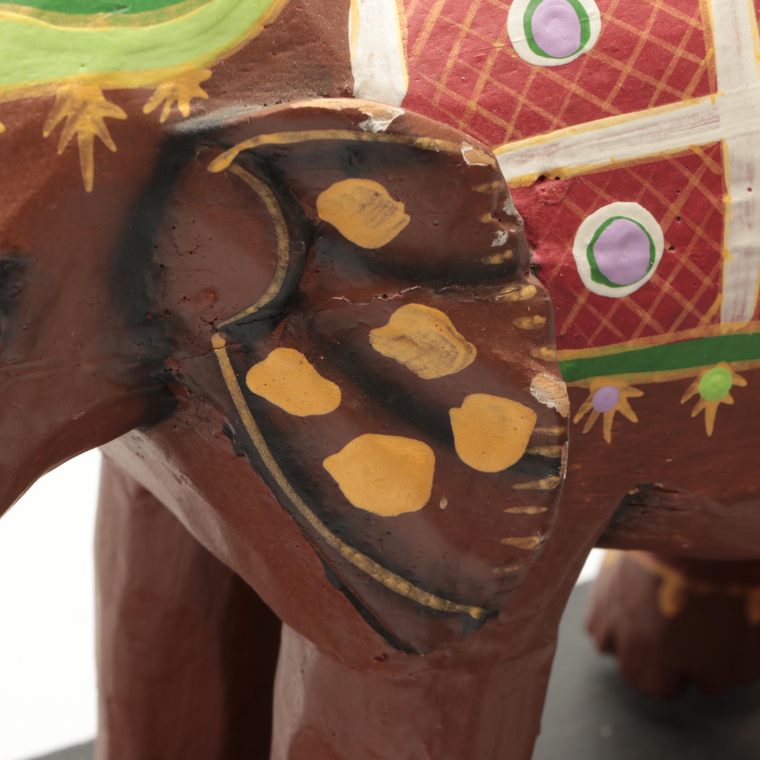 Paint Decorated Indian Elephant Bookends and Hand-Painted Tapa Cloth