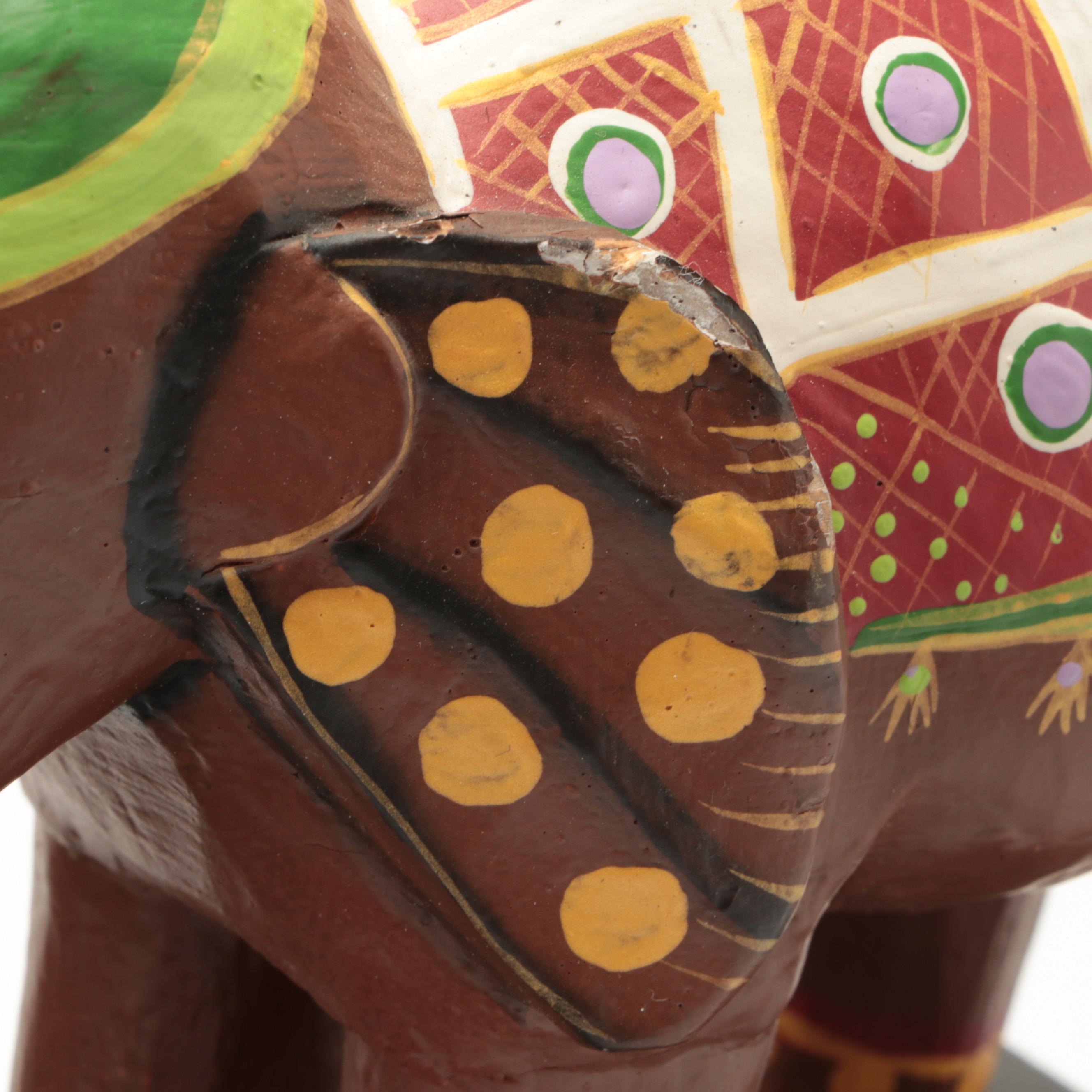 Paint Decorated Indian Elephant Bookends and Hand-Painted Tapa Cloth