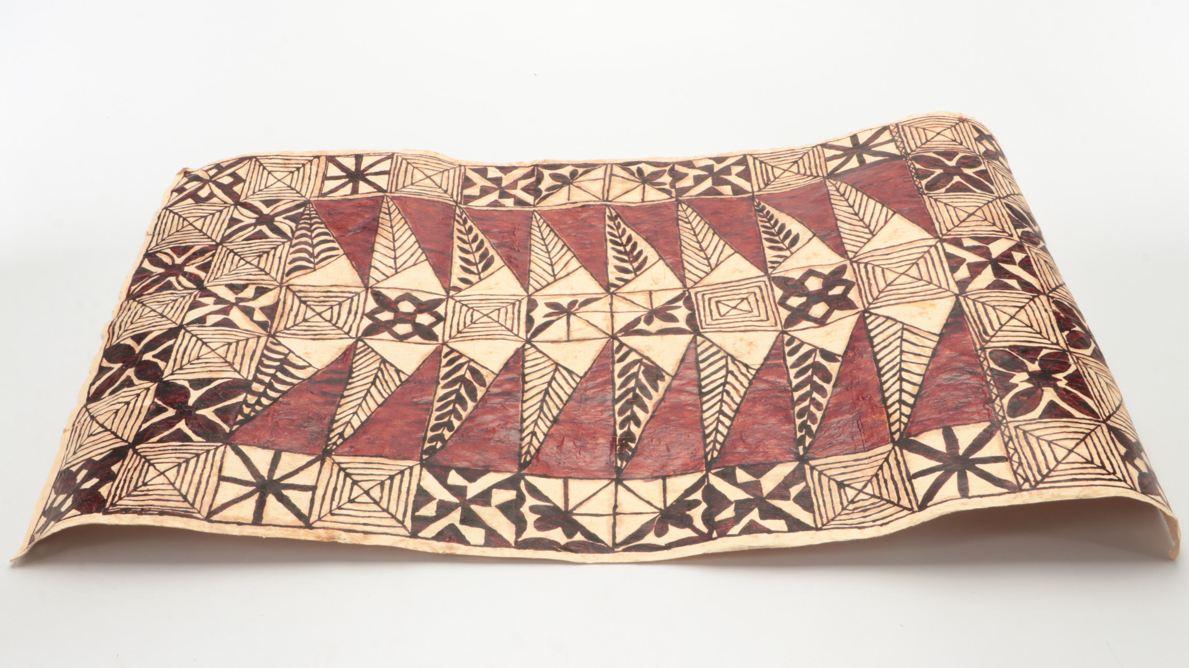 Paint Decorated Indian Elephant Bookends and Hand-Painted Tapa Cloth