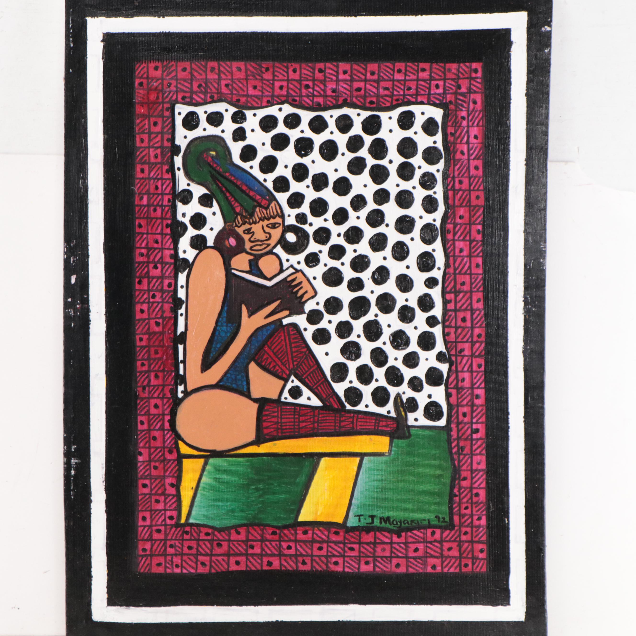 T. J. Mayakiri Folk Art Style Figurative Acrylic Painting, 1992