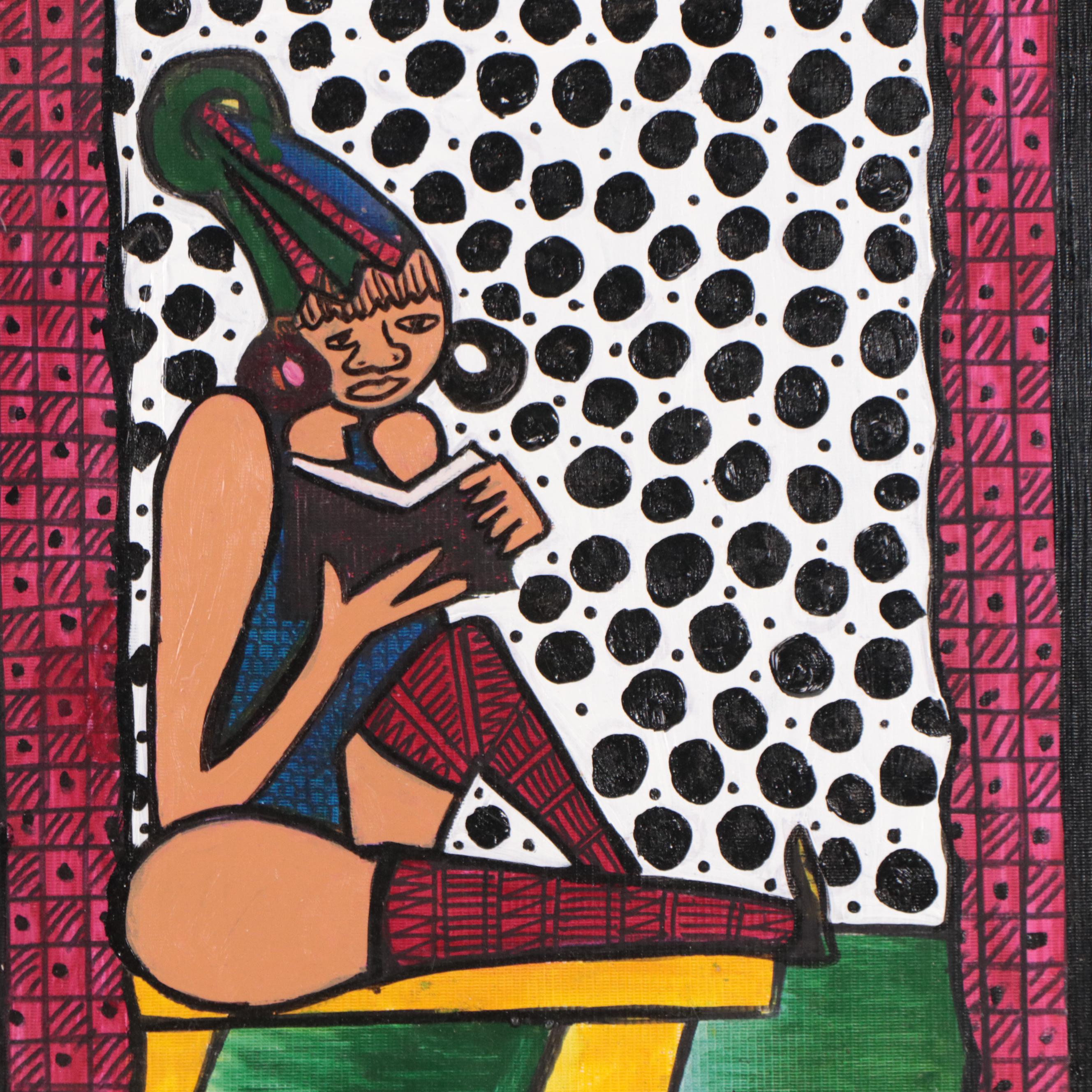 T. J. Mayakiri Folk Art Style Figurative Acrylic Painting, 1992