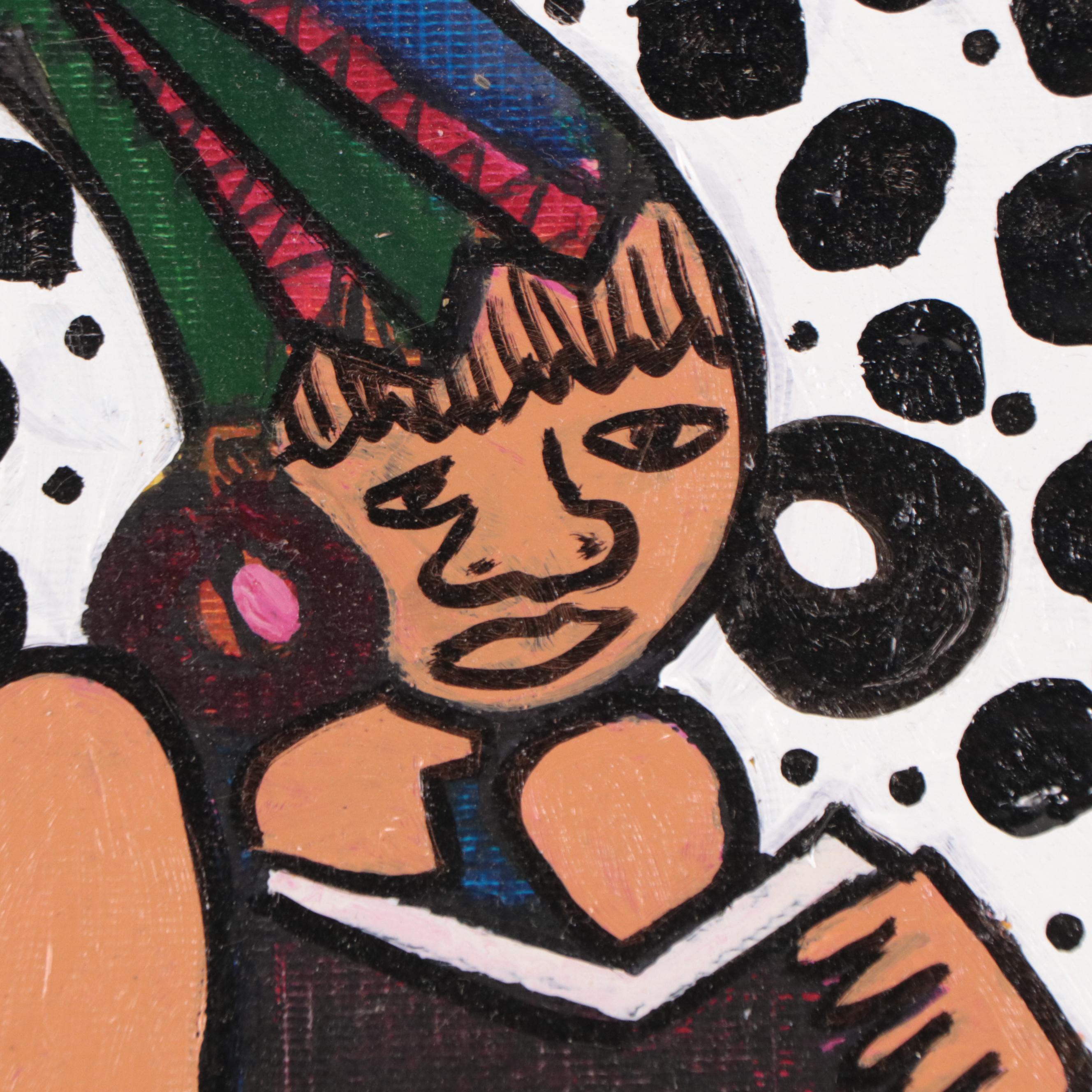 T. J. Mayakiri Folk Art Style Figurative Acrylic Painting, 1992