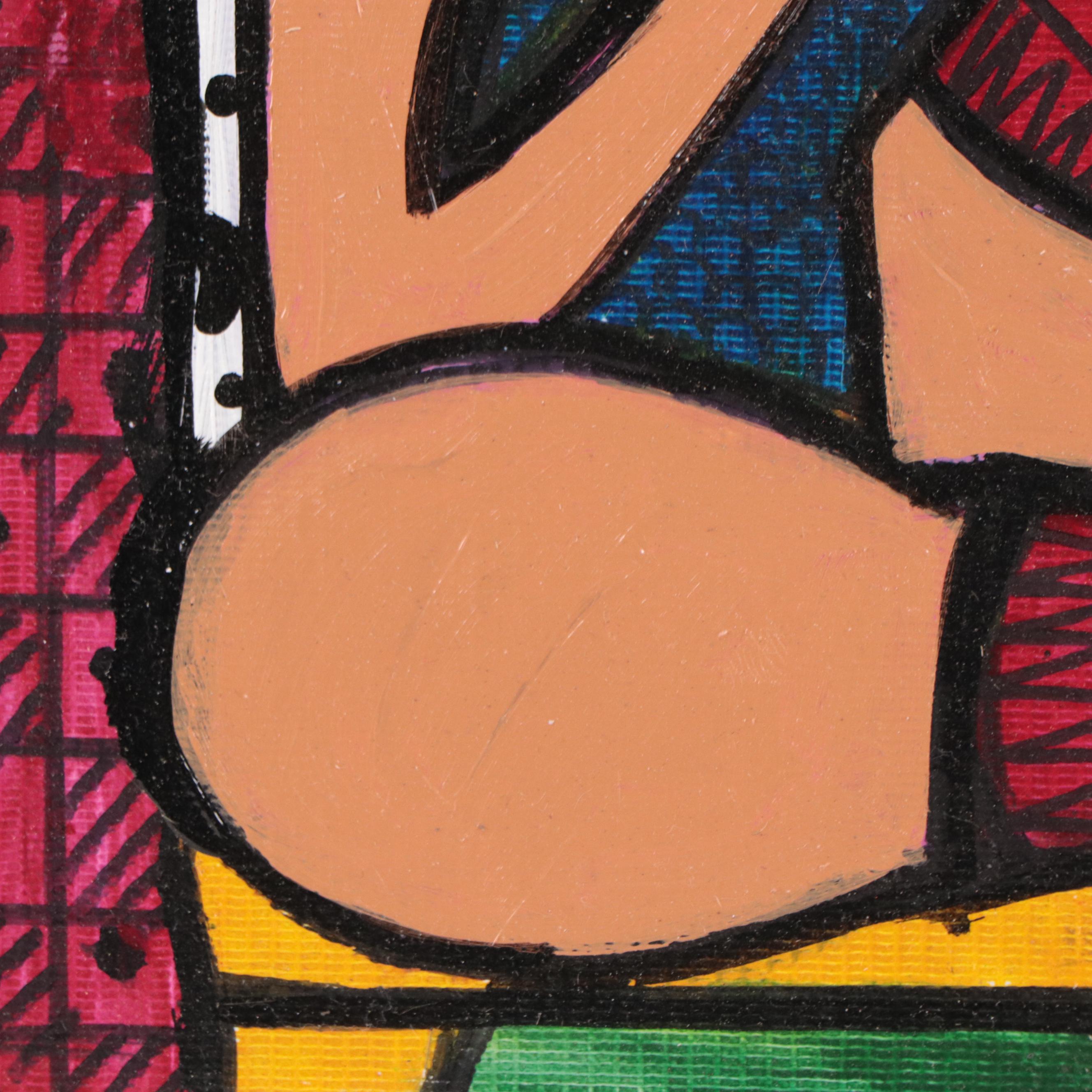 T. J. Mayakiri Folk Art Style Figurative Acrylic Painting, 1992