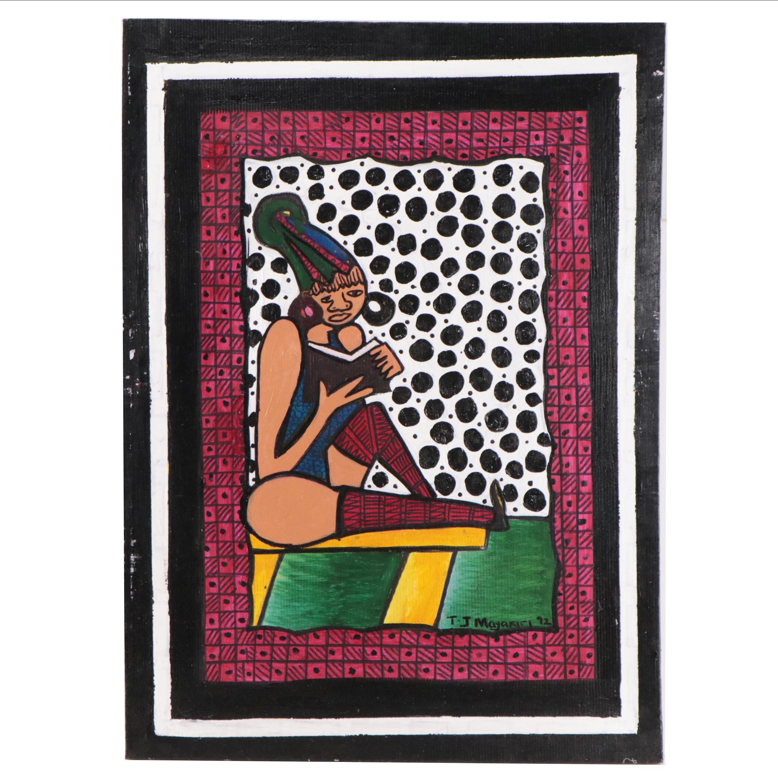 T. J. Mayakiri Folk Art Style Figurative Acrylic Painting, 1992